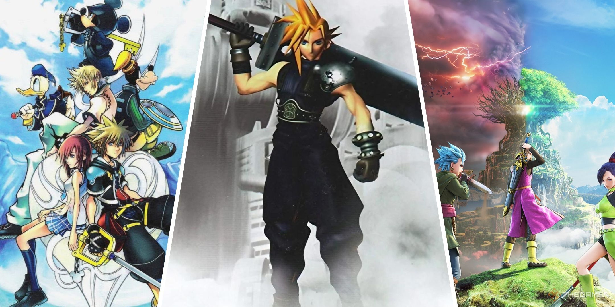 Split images of Kingdom Hearts 2, Final Fantasy 7, and Dragon Quest 11.