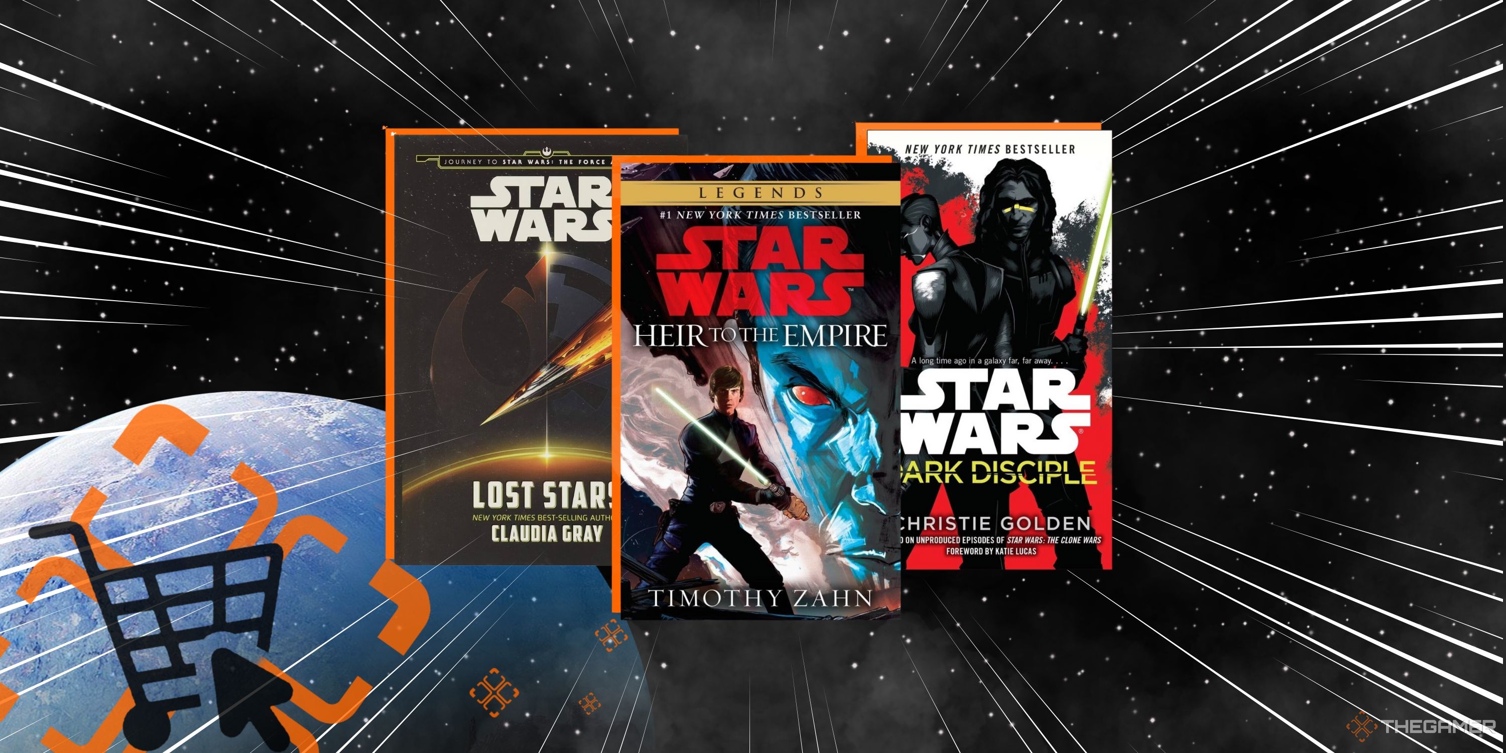 Collage image showing three Star Wars books in front of a space themed background