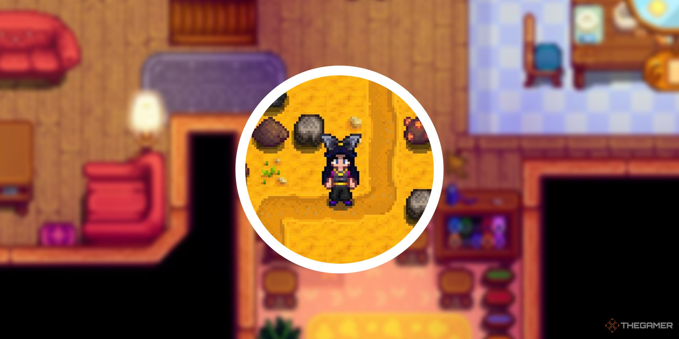 stardew valley blurred image of sewing area in emily and haleys house with circle png of player in arcane shirt