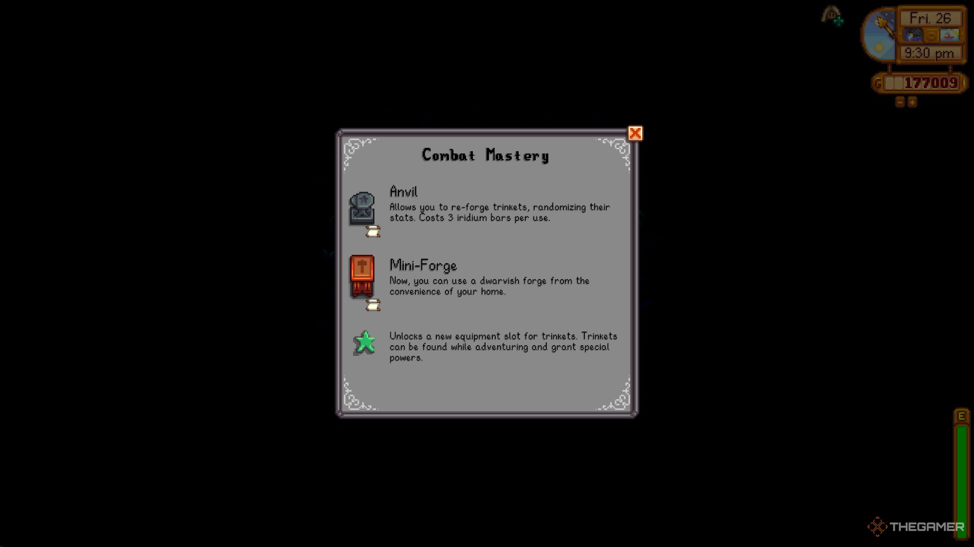 An image from Stardew Valley of the Combat Mastery Plaque, which allows you to craft an Anvil, Mini Forge, and equip and find Combat Trinkets.