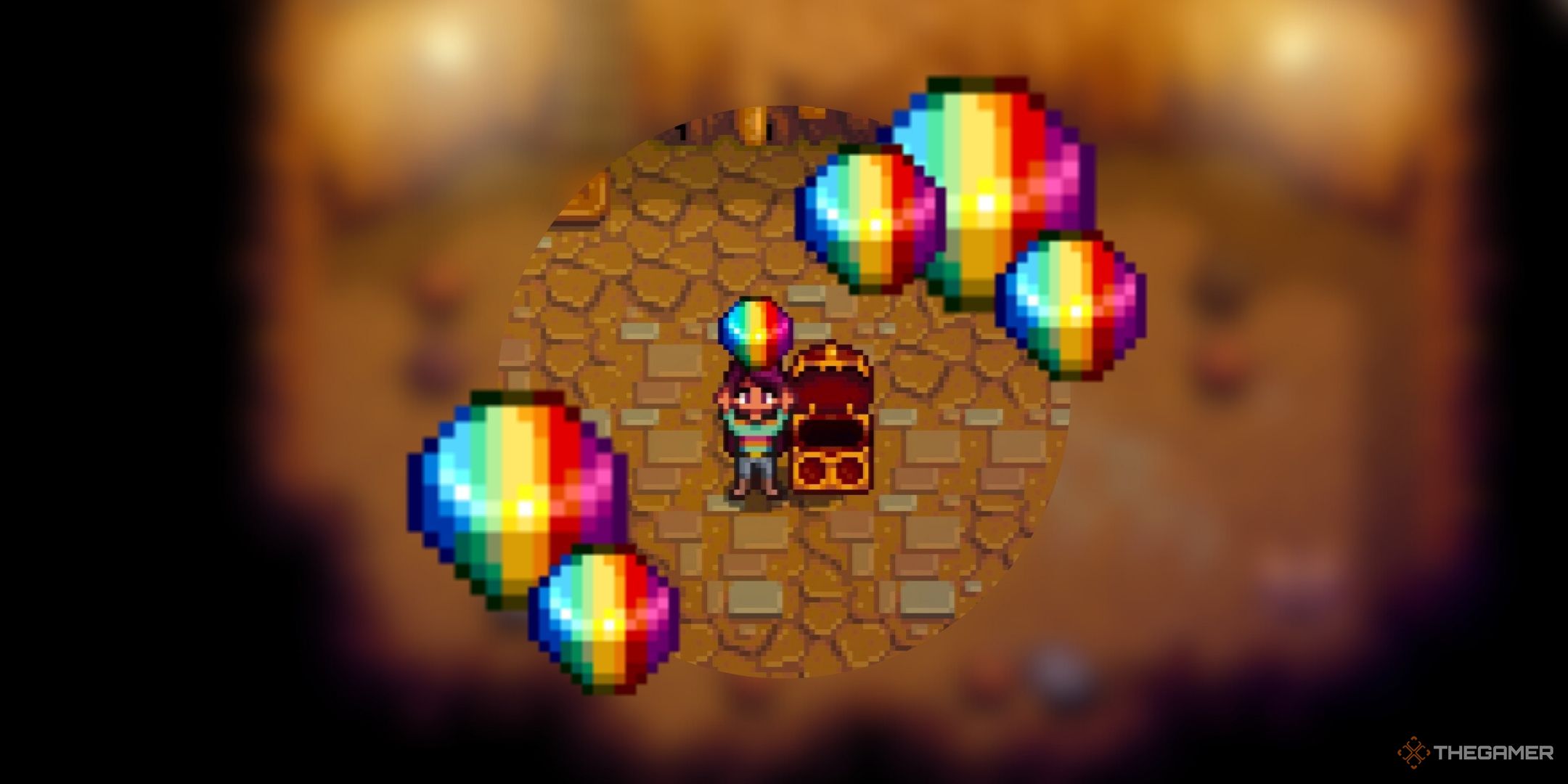 Stardew Valley Farmer Holding Prismatic Shard Over Head with extra shards surrounding them