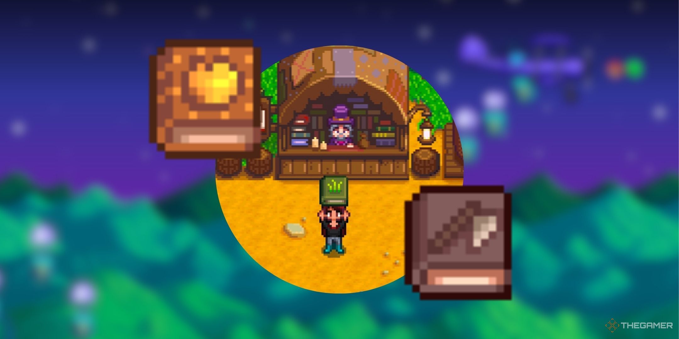 Stardew Valley farmer holding up a book of power with treasure appraisal and wood cutters surrounding them