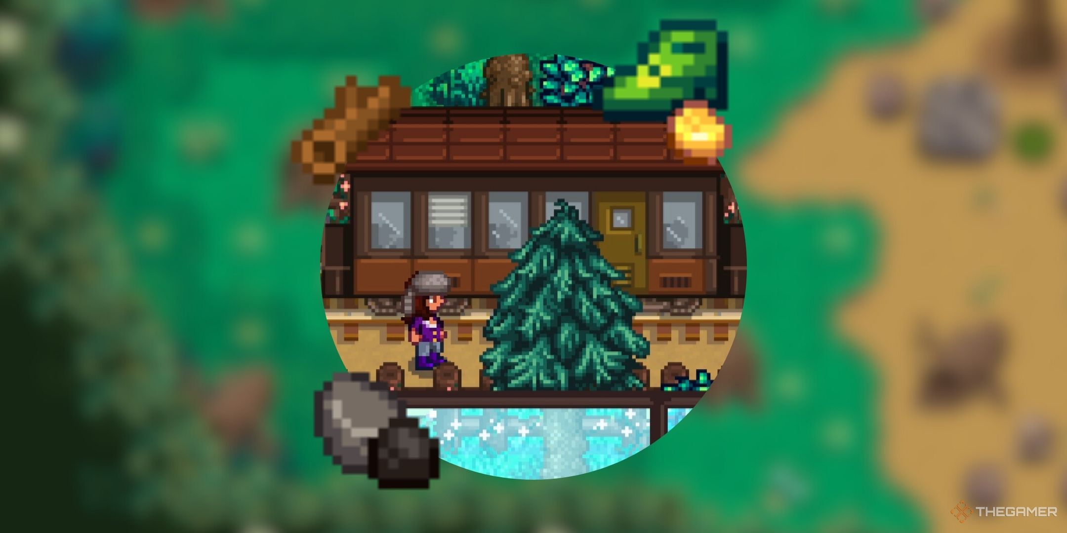 Stardew Valley farmer standing next to train surrounded by leprechaun shoes, gold ore, wood, stone, and coal