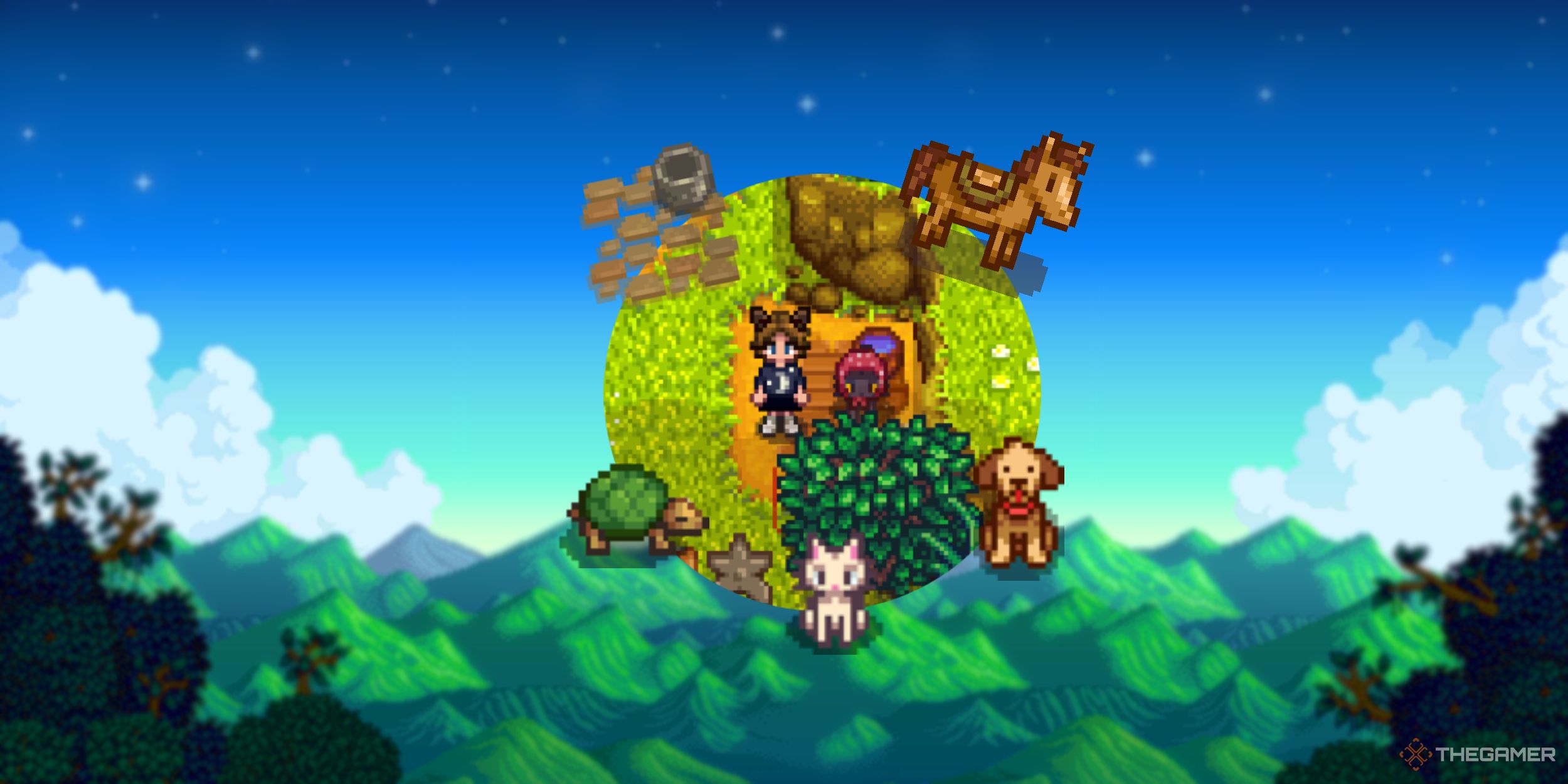 An image from Stardew Valley that features all of the possible pets you can get in the game, and a pet bowl needed to feed them.