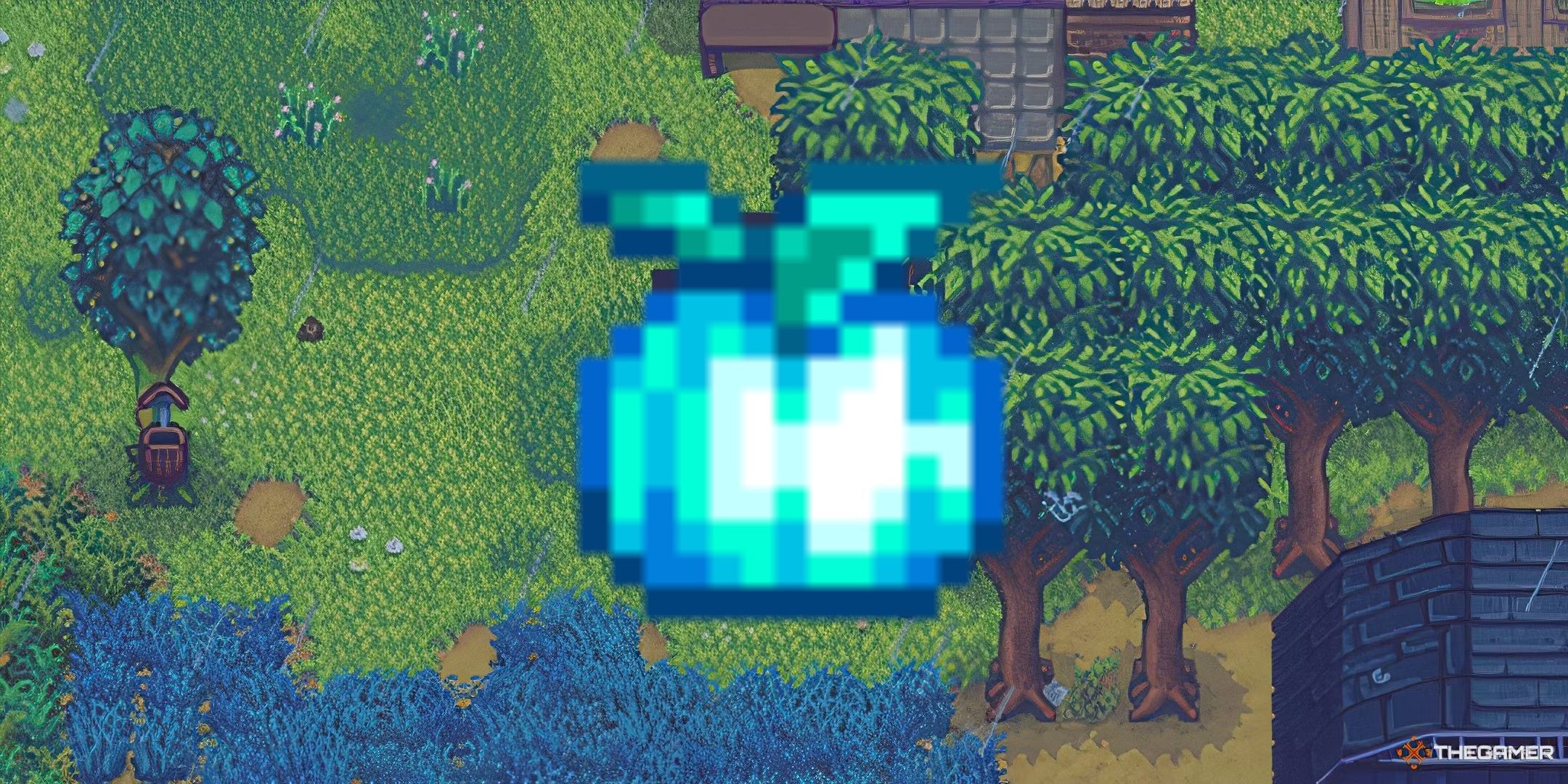 A powdermelon PNG overlayed on some trees in Stardew Valley.