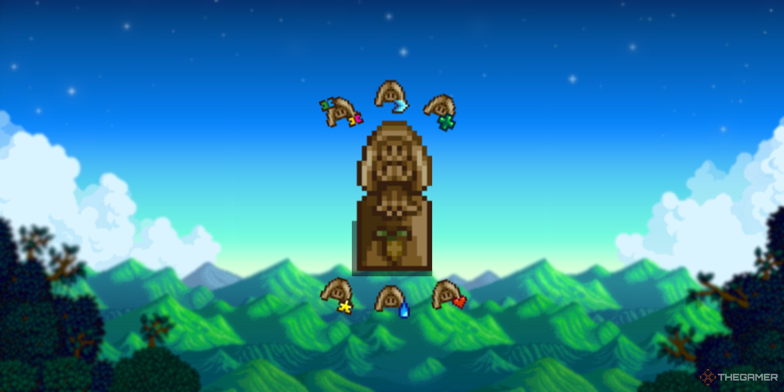 An image from Stardew Valley showcasing the Statue of Blessings and six of the various buffs you can recieve daily from the statue.