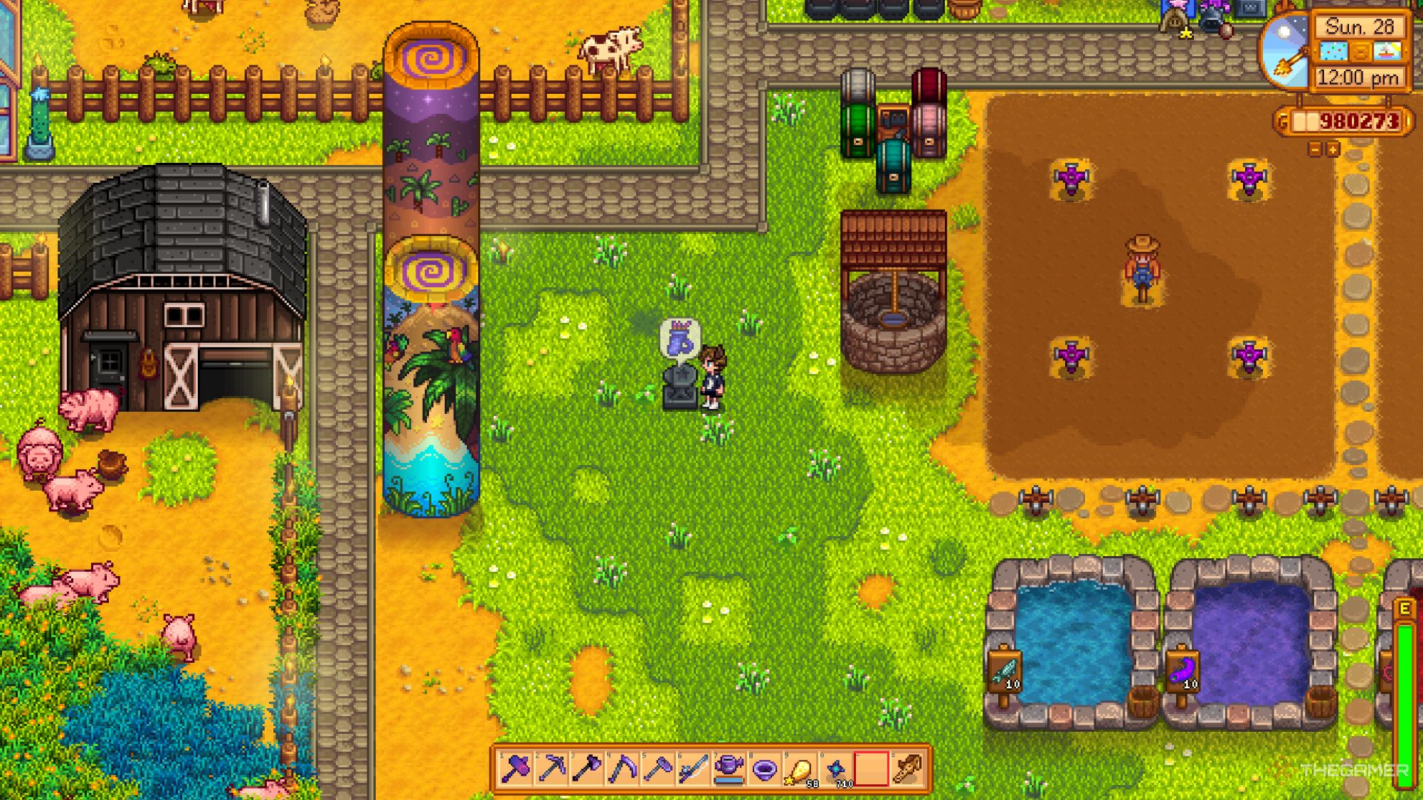 An image from Stardew Valley of the Magic Quiver on the anvil, which can randomly upgrade the trinket.  