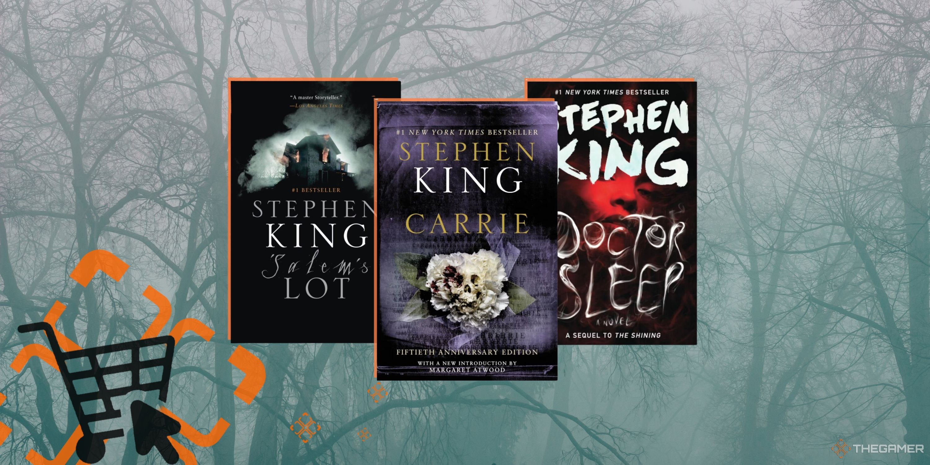 Cutouts of Stephen King Books - Salem's Lot, Carrie, and Doctor Sleep in front of a spooky forest background