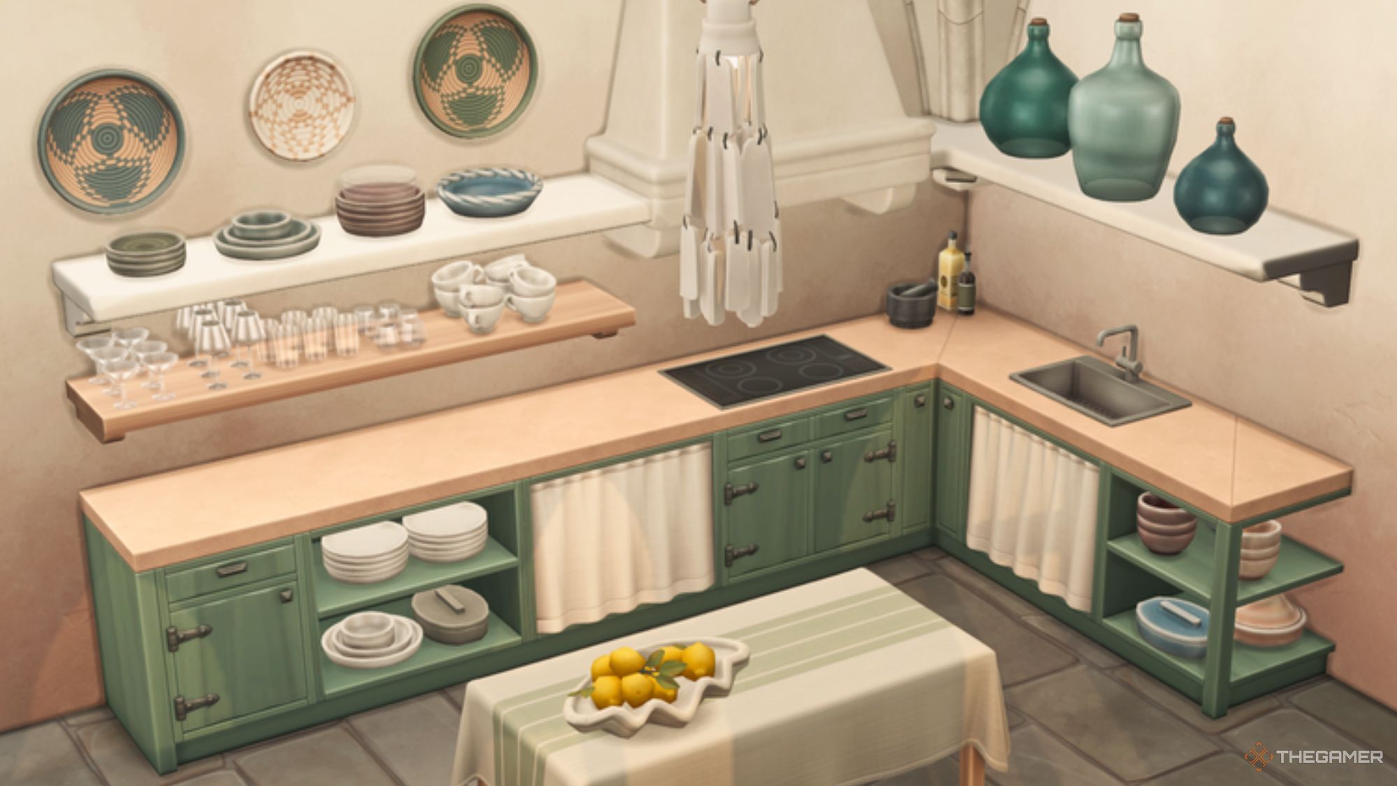 An image from the Grove Kitchen custom content set for The Sims 4, which includes green kitchen cabinets with an open area for decorative dishes. 