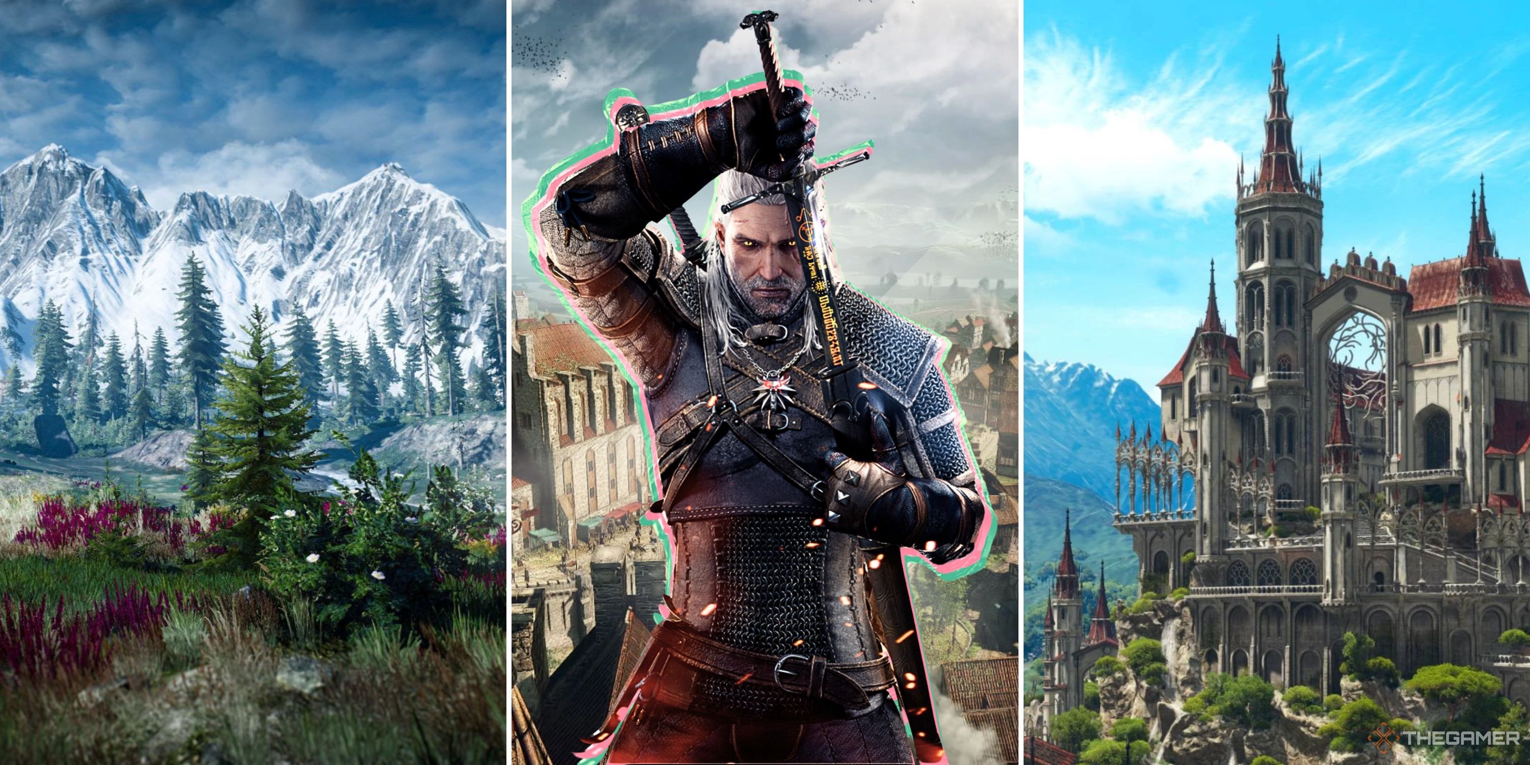 Collage image featuring three Witcher 3 landscape images showing mountains, towns, and castles, with a cutout of Geralt drawing his sword superimposed over them