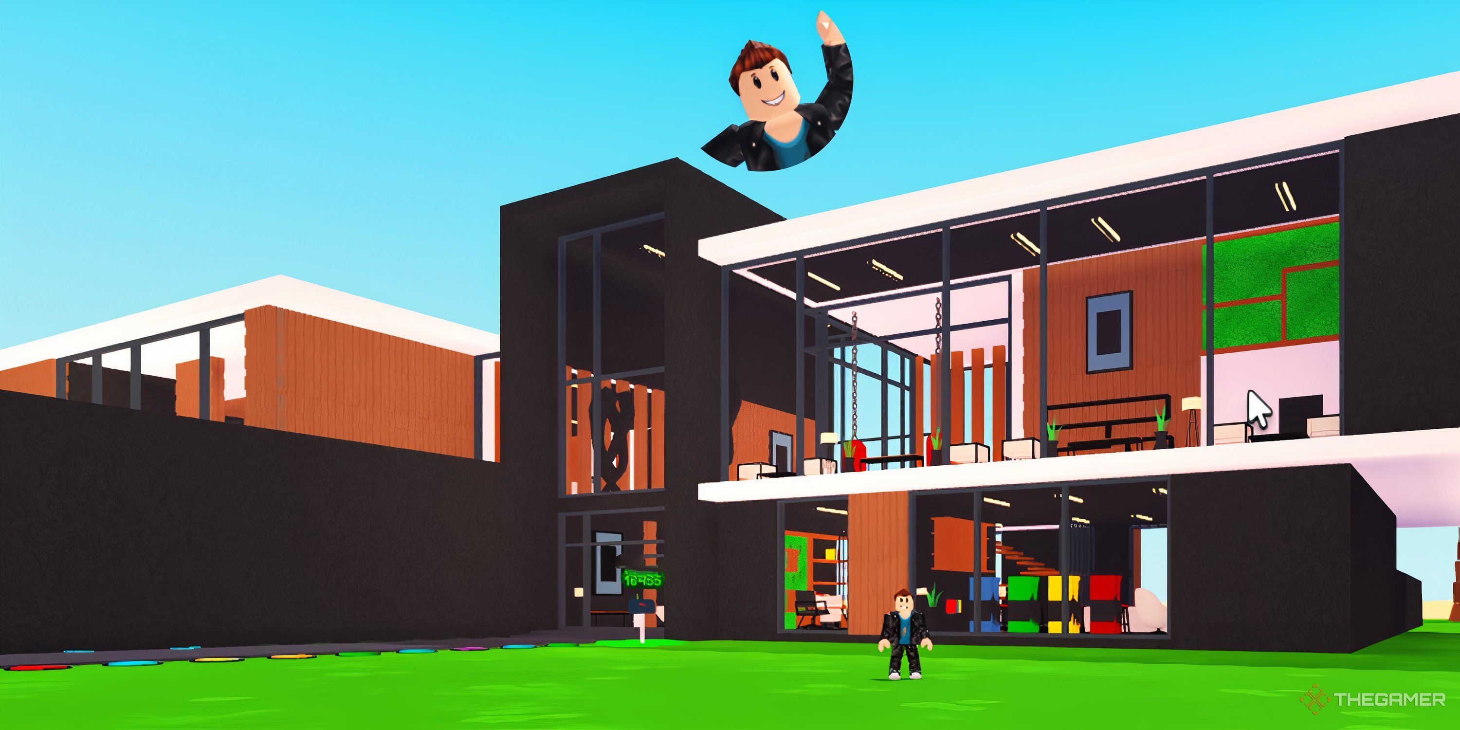 A Roblox character stands in front of his beachside mansion in Tropical Mansion Tycoon.