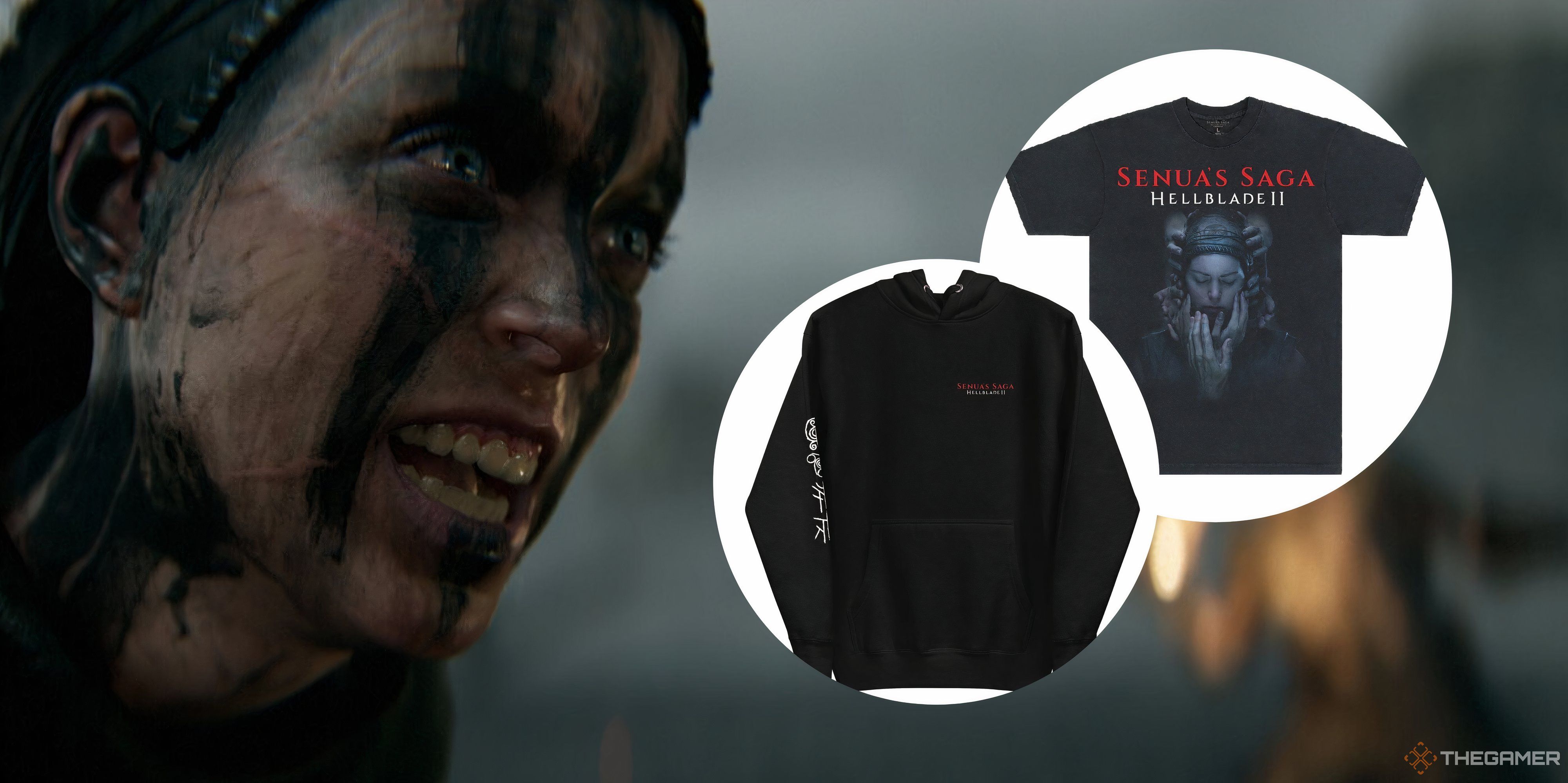senua in hellblade 2 with a hellblade 2 t-shirt and hoodie