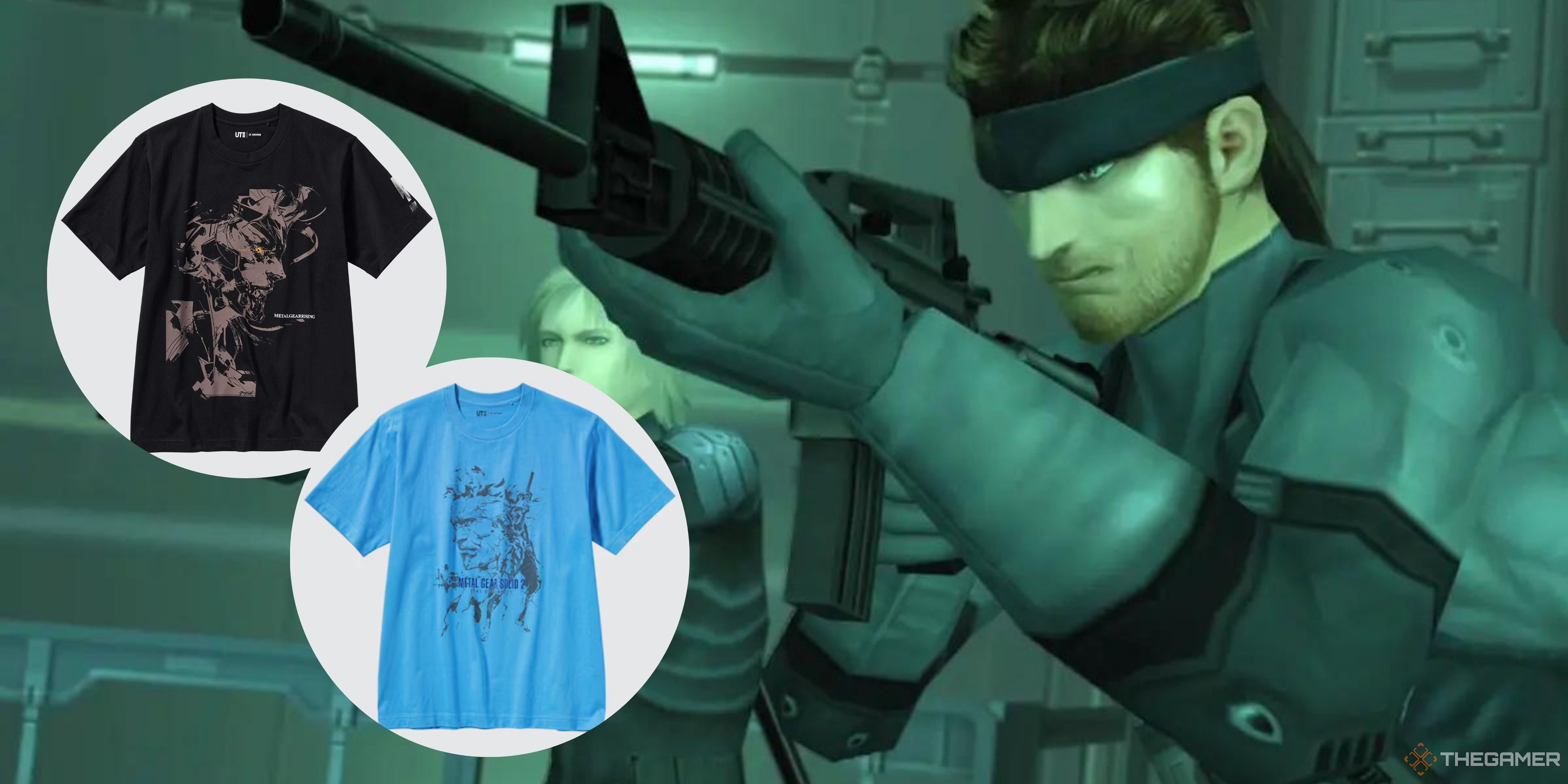 snake in the metal gear master collection and two of uniqlo's metal gear t-shirts