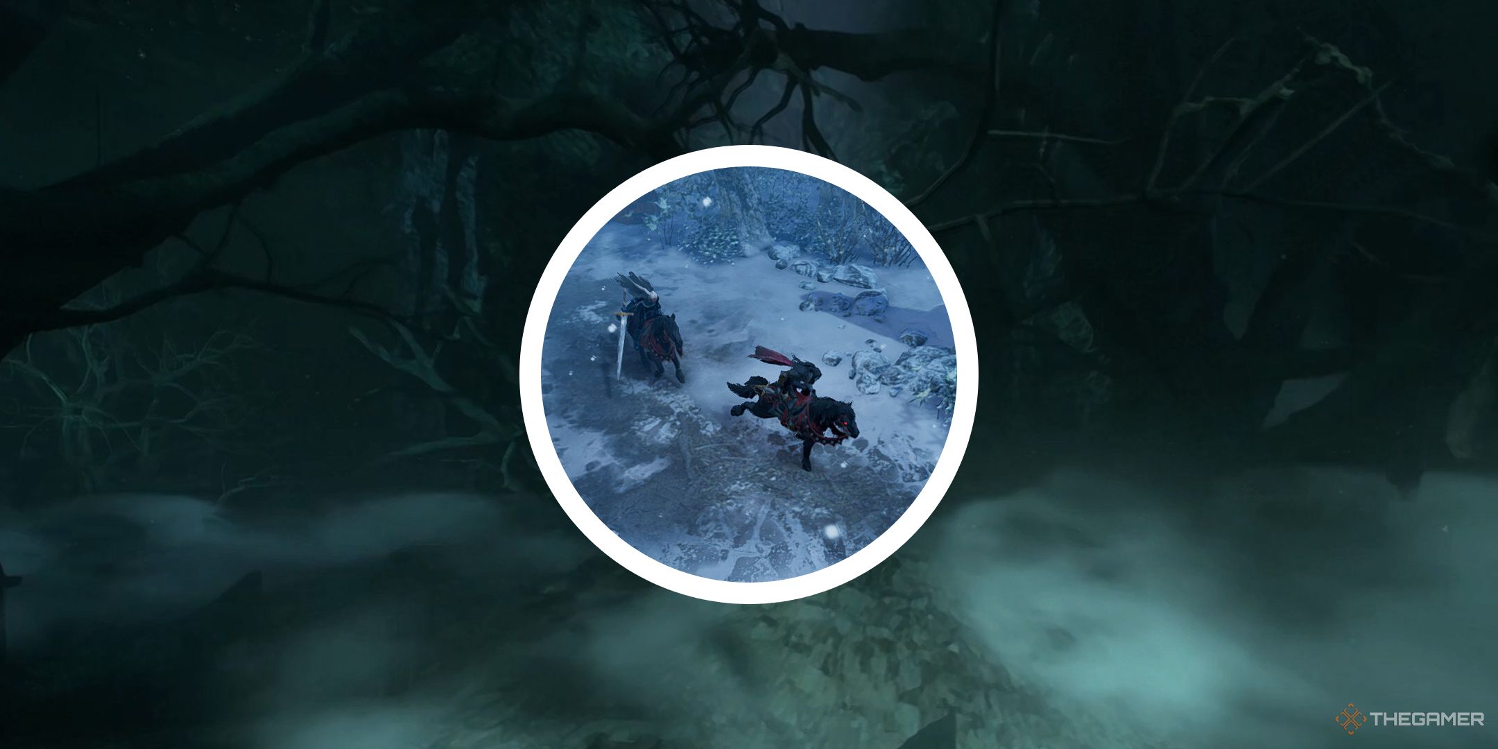 v rising cinematic showing starting area with circle png of two players on horses