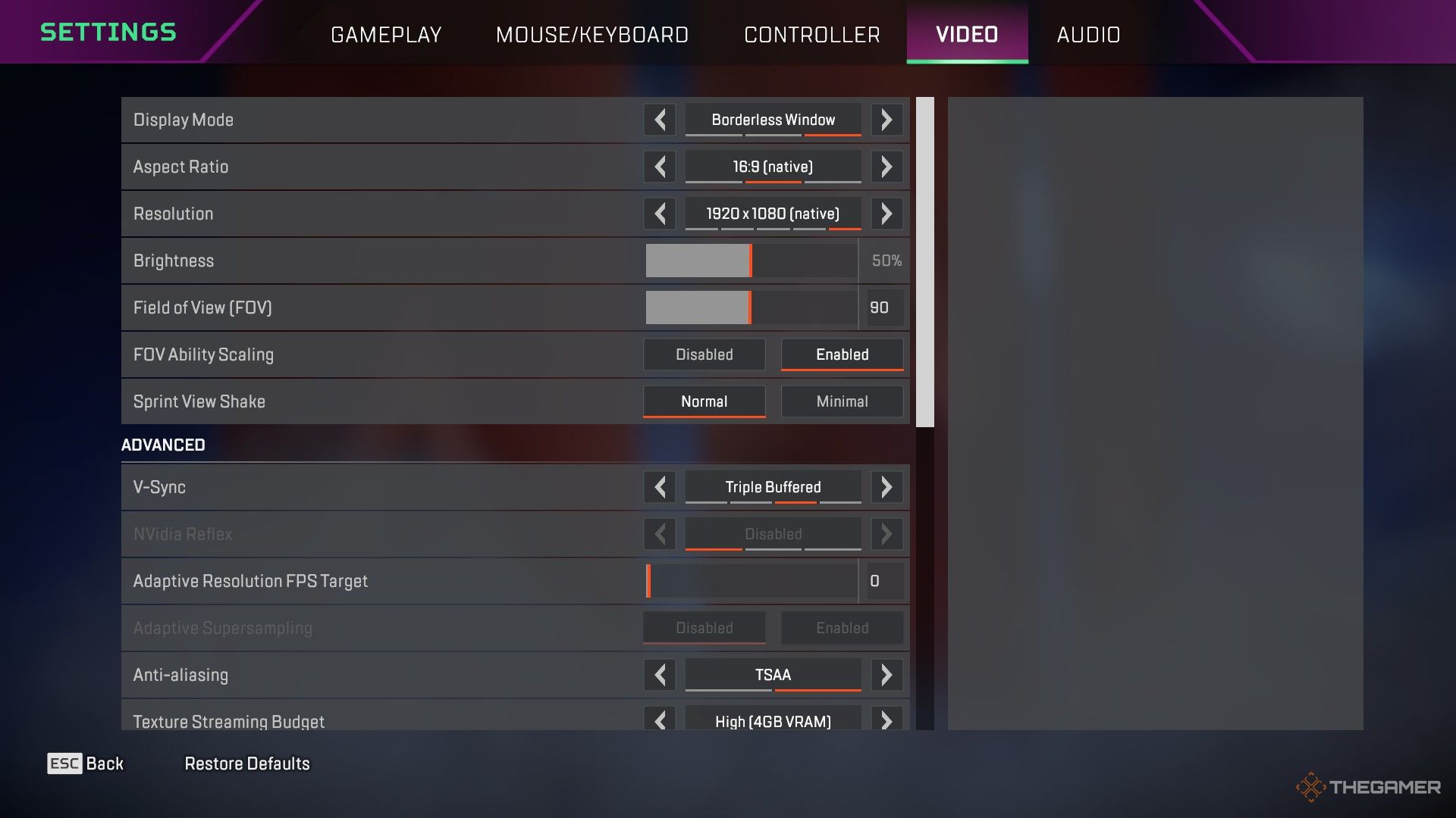 The video settings screen for Apex Legends.