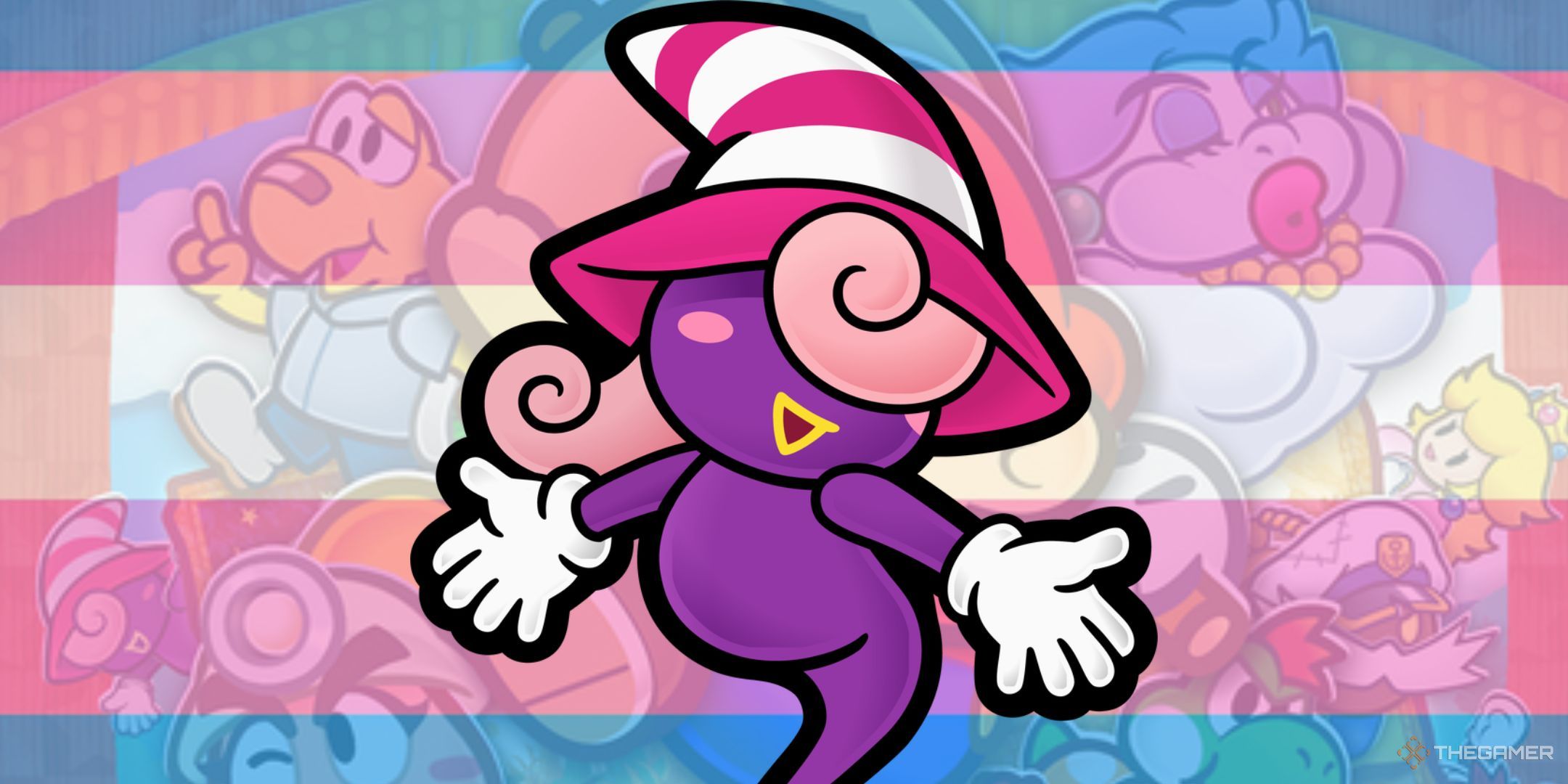 Vivian from Paper Mario. The backfround is the cover art for Paper Mario, draped in a trans pride flag