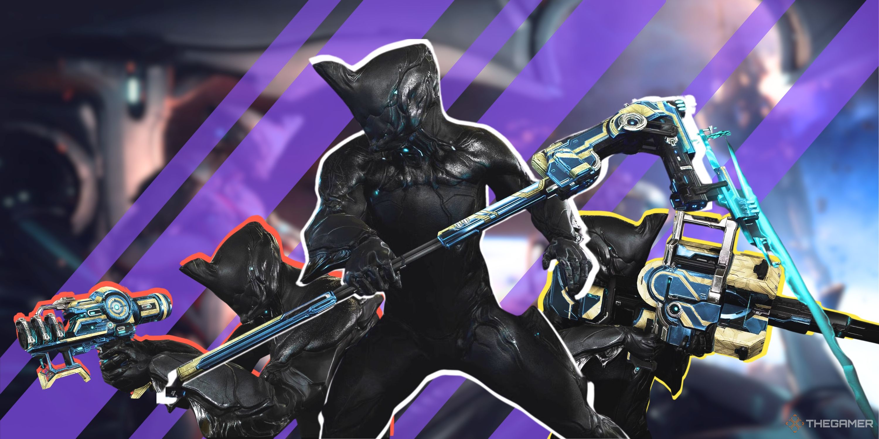 Collage image featuring Warframe's Tenet character with three different weapons