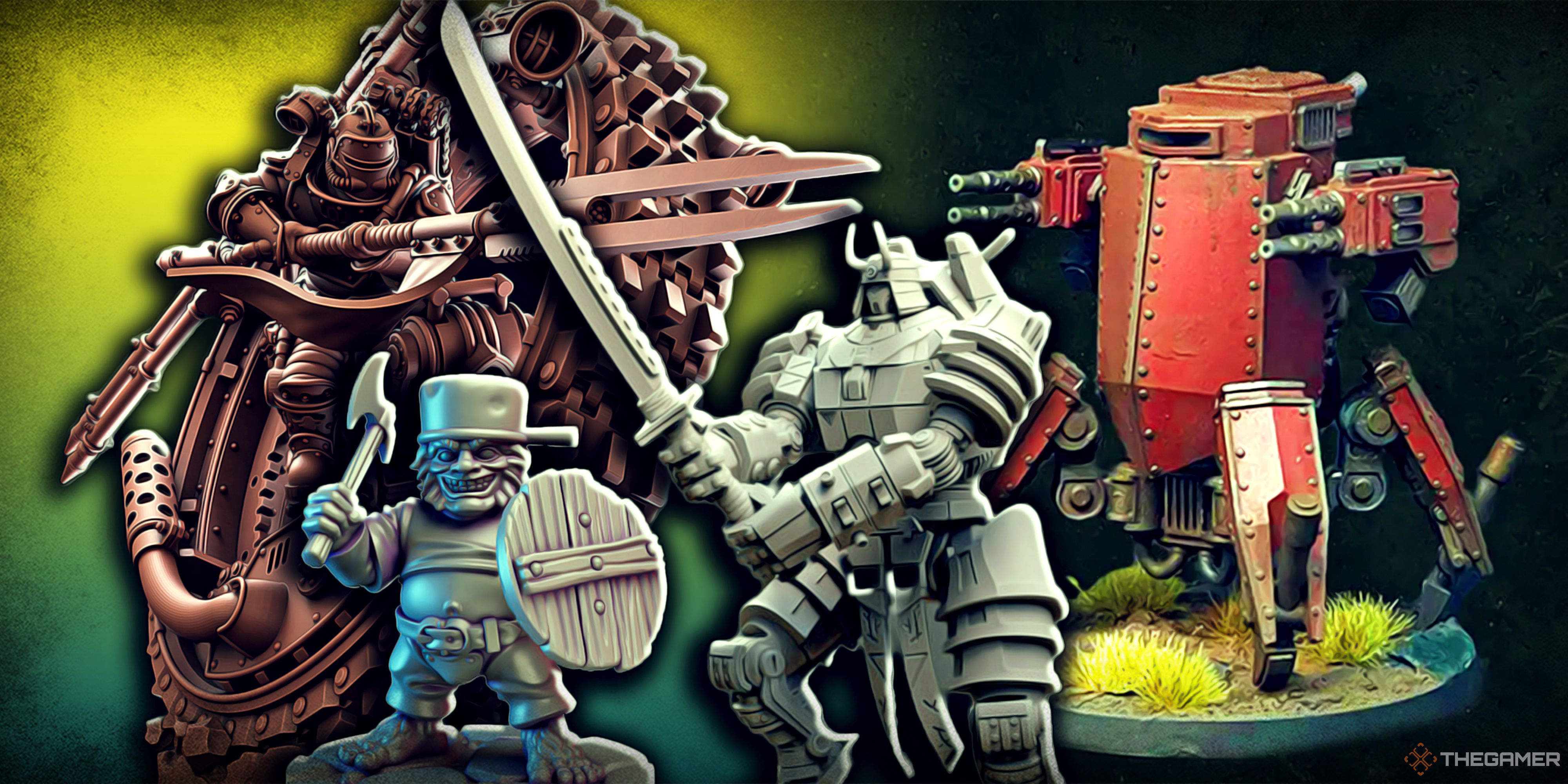 Warhammer alternative models including mechs, samurai titans, and halflings