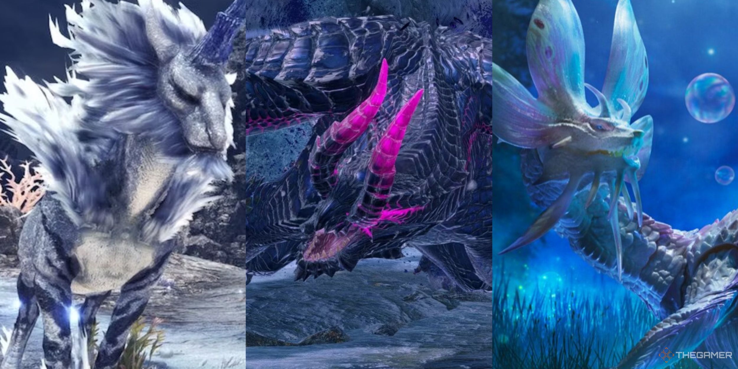 10 بازی با جزیی ترین انیمیشن ها 4 کلاژی از تصاویر که Kirin، Gore Magala و Mizutsune را از سری Monster Hunter به نمایش می گذارد.