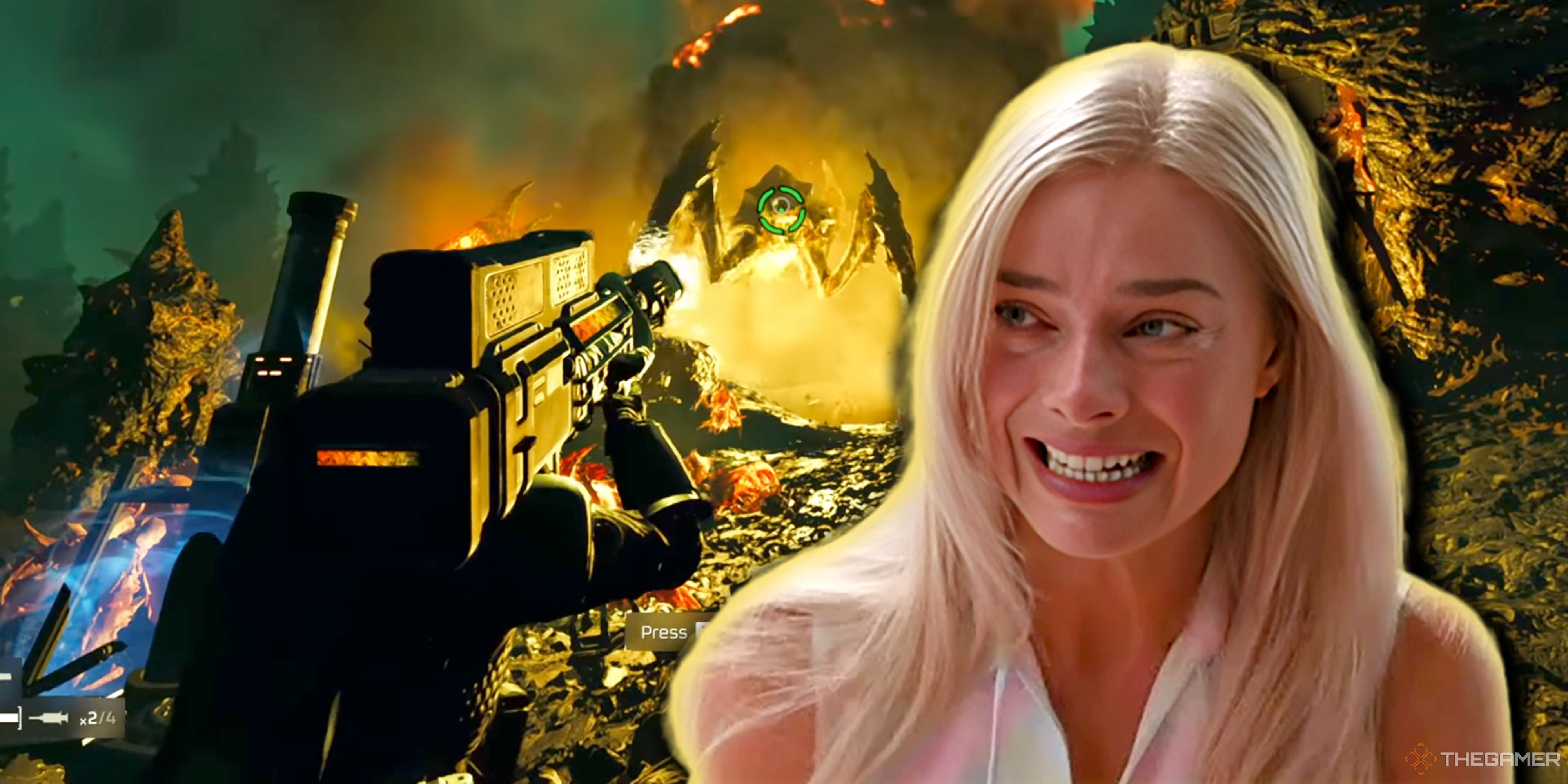 Margot Robbie as Barbie crying as a Helldiver shoots a Terminid in the background