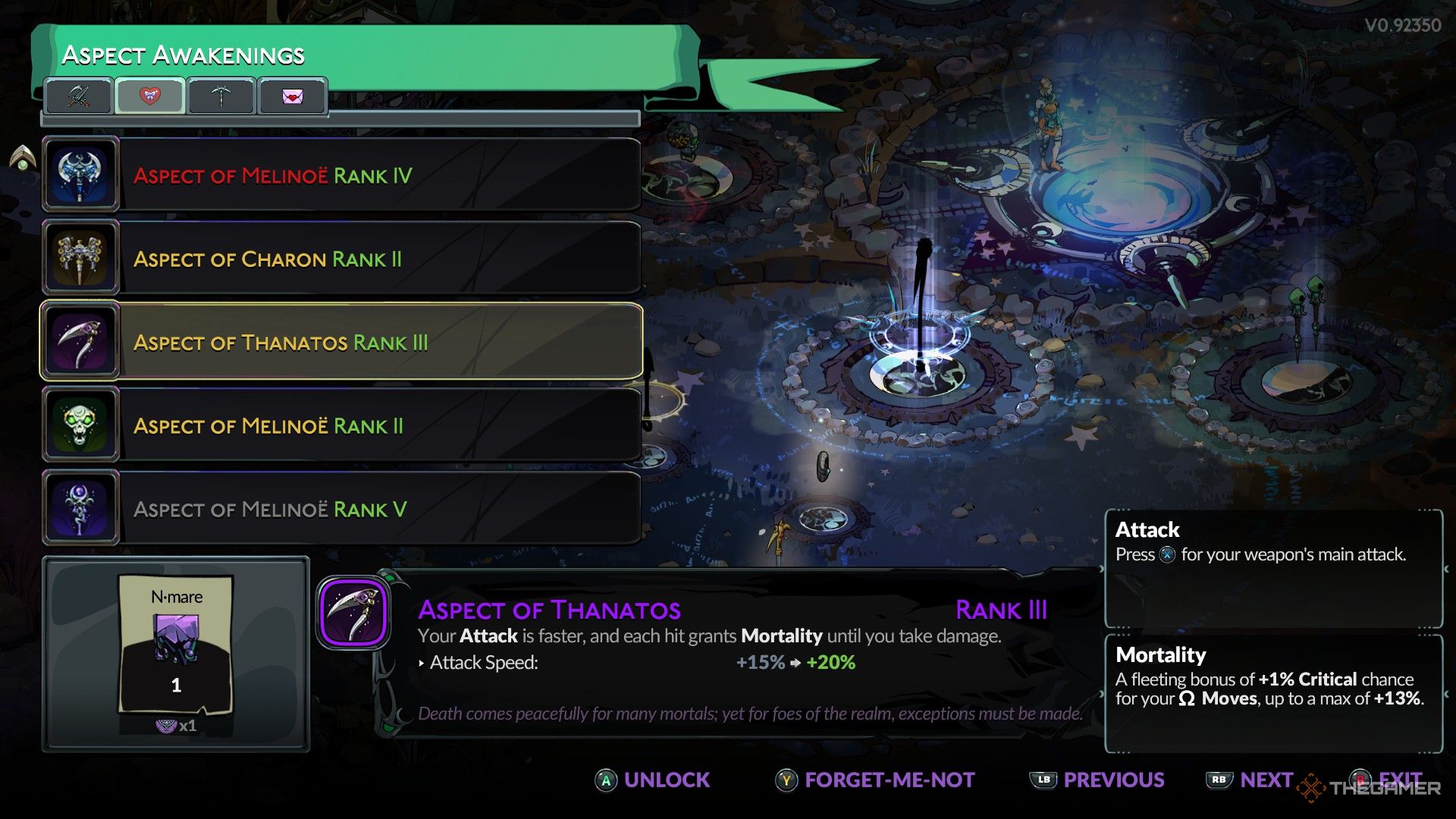 Melinoe prepares to upgrade the Aspect of Thanatos Moonstone Axe in Hades 2.