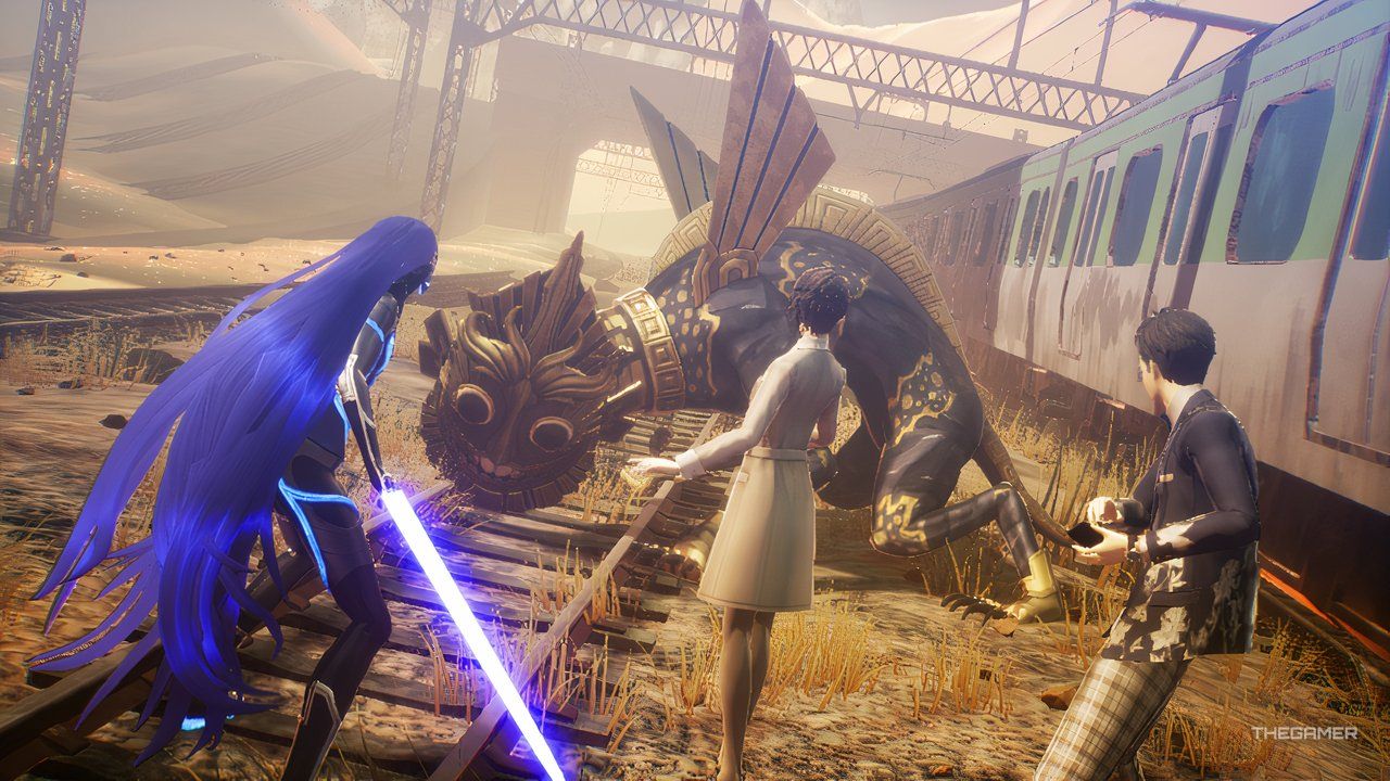 Protagonist, Yuzuru, and Hiromine standing against the Glasya-Labolas.