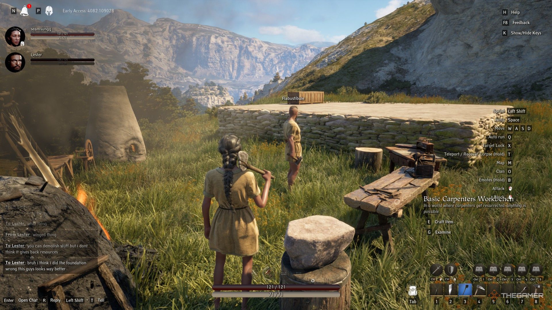 Pax Dei two players in a base next to crafting machines
