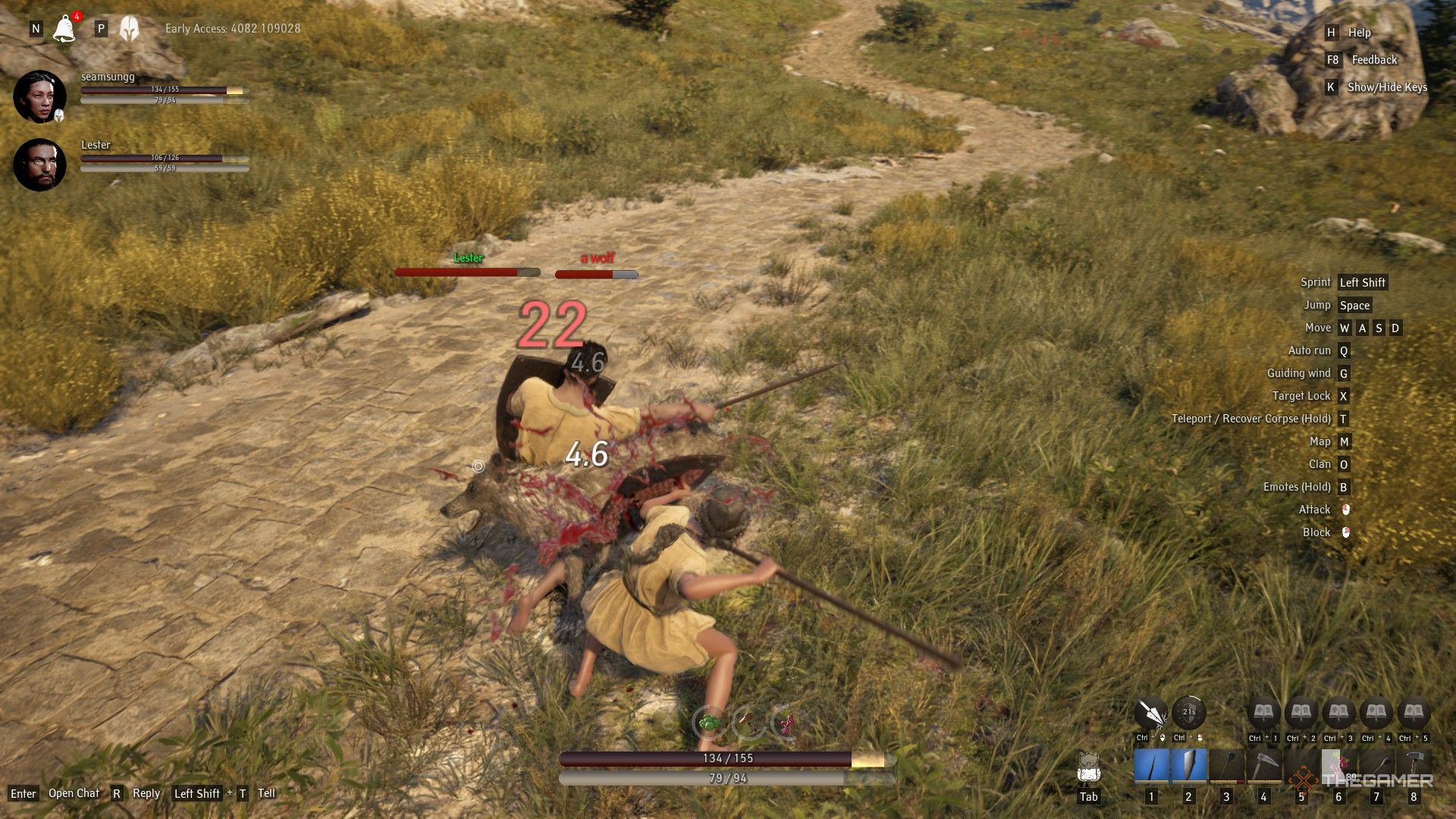 Pax Dei, two players fighting a wolf with spears