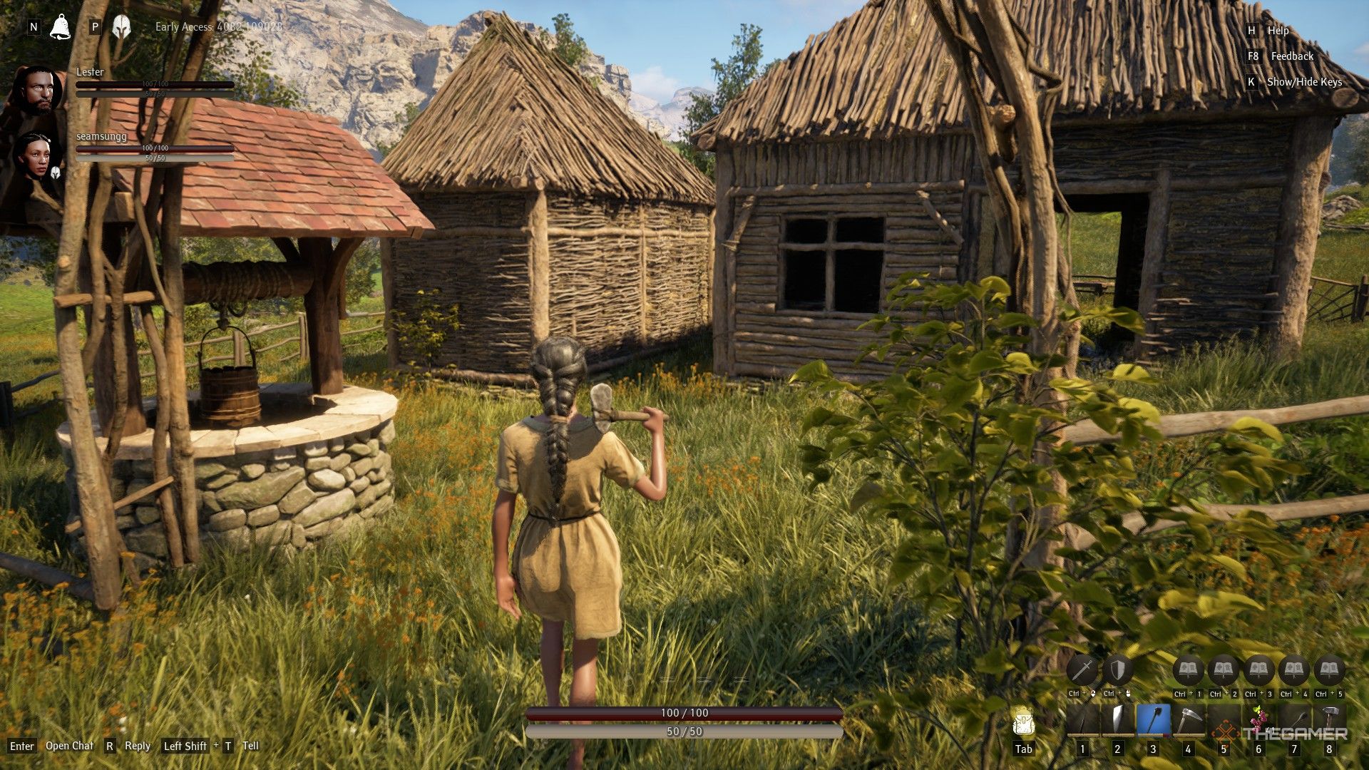 Pax Dei player near well and houses