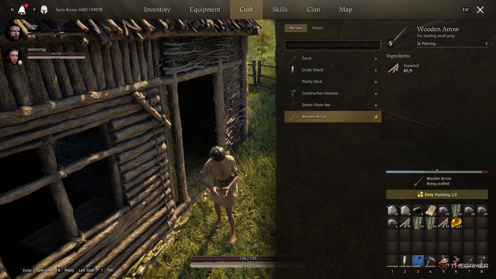 Pax Dei player crafting by hand with crafting menu up