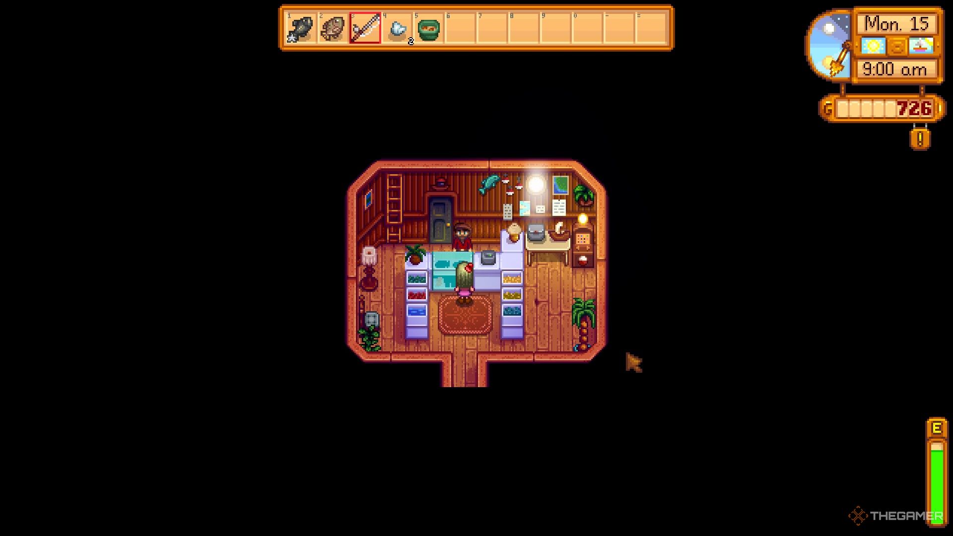 بازیکنی که در فروشگاه ماهیگیری ویلی در Stardew Valley ایستاده است.