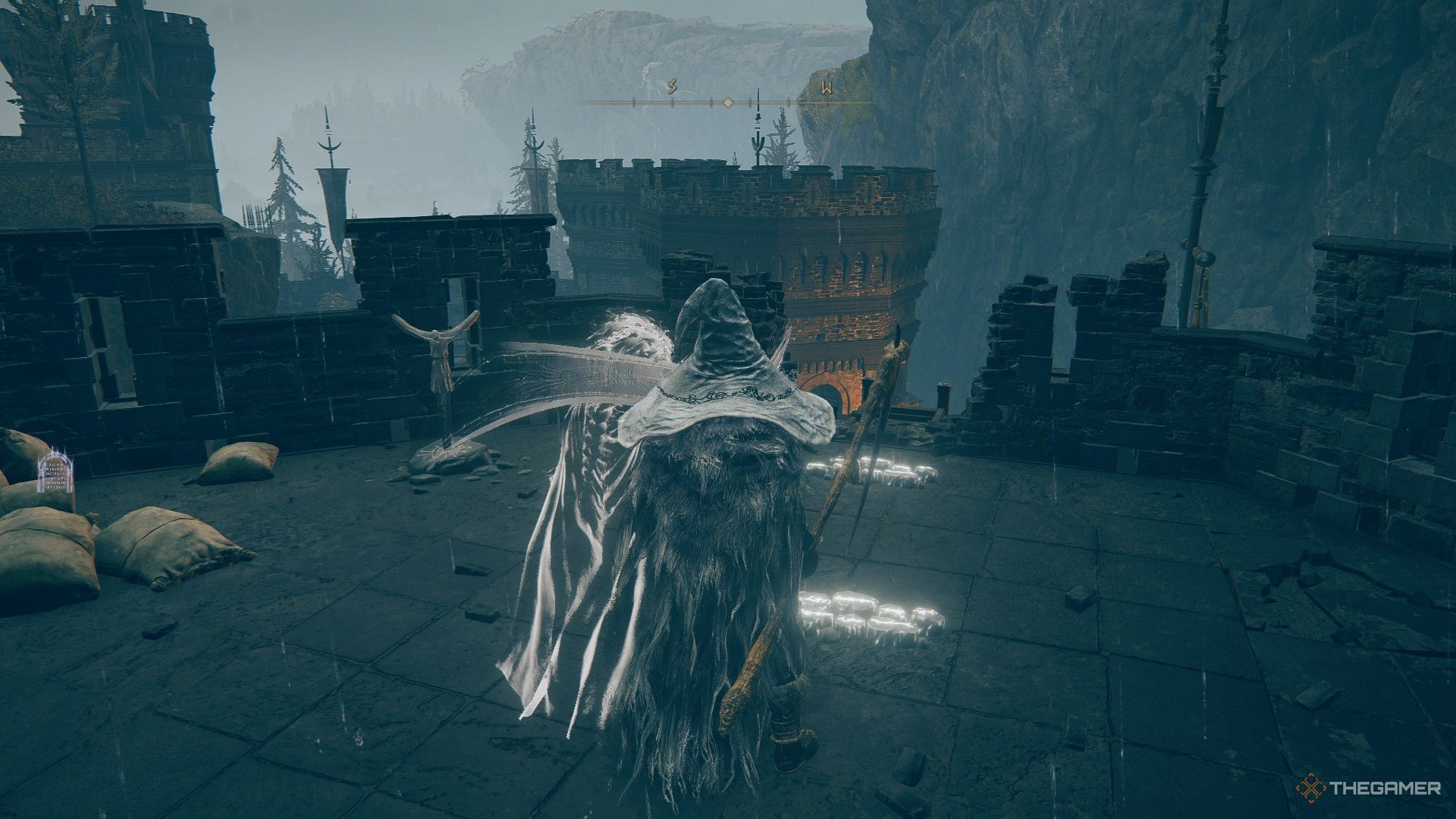 Player lands on the top of Fog Rift Fort besides the summoning pool in Elden Ring: Shadow of the Erdtree.