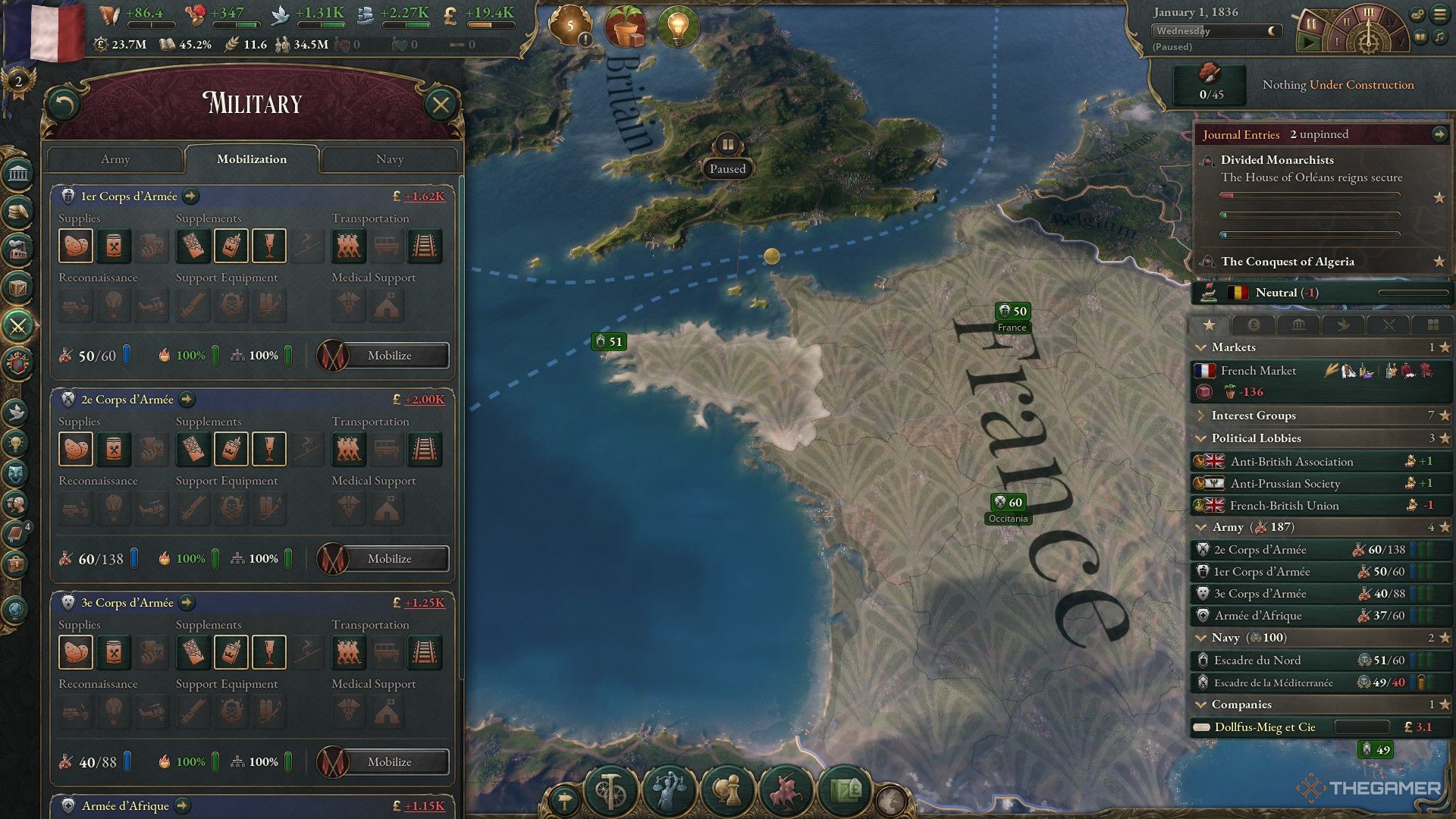the mobilization tab in victoria 3 at the beginning of a france campaign, with liquor and tobacco assigned as supplements