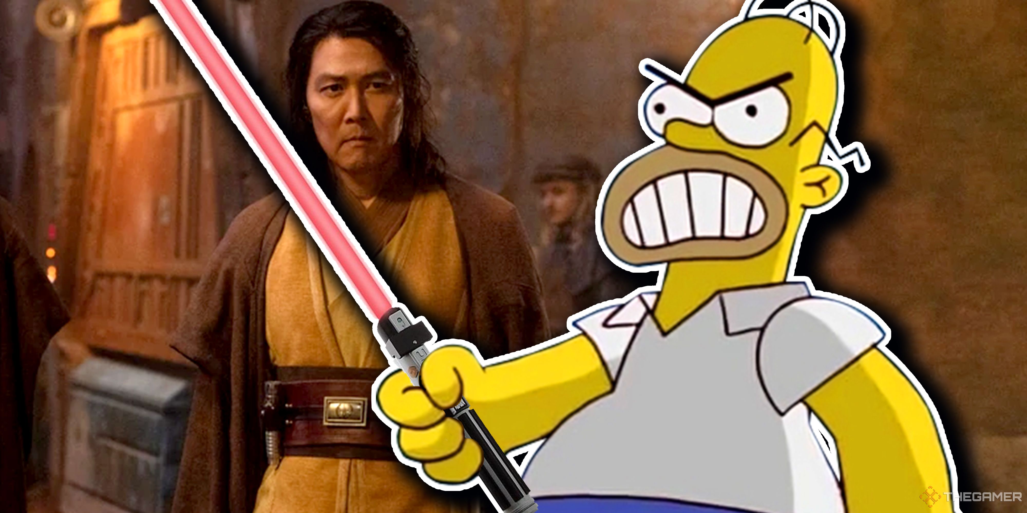 An angry Homer Simpson brandishing a lightsaber in front of Sol from The Acolyte