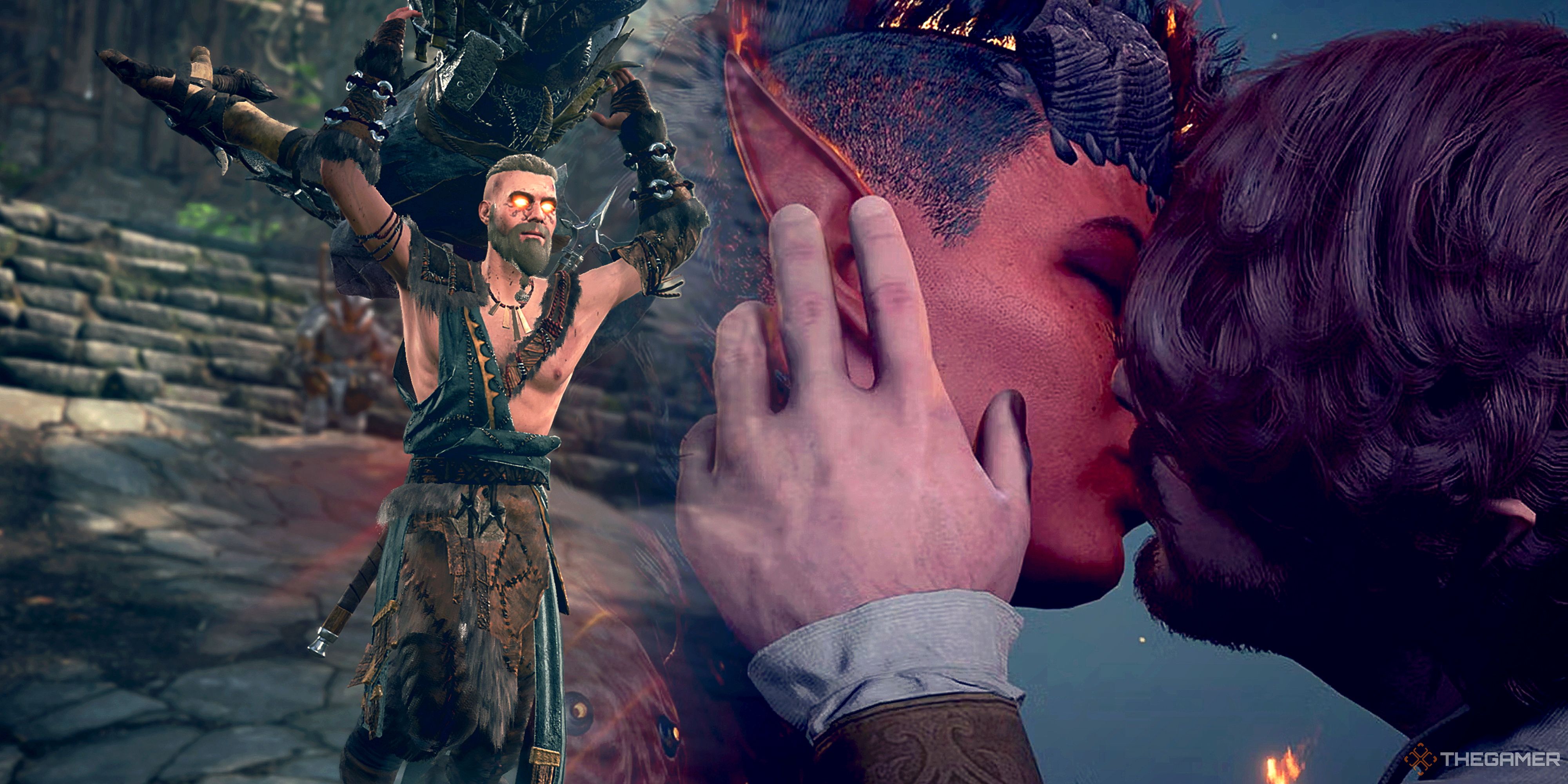 Left: a character in Baldur's Gate 3 preparing to fight. Right: two characters kissing. 