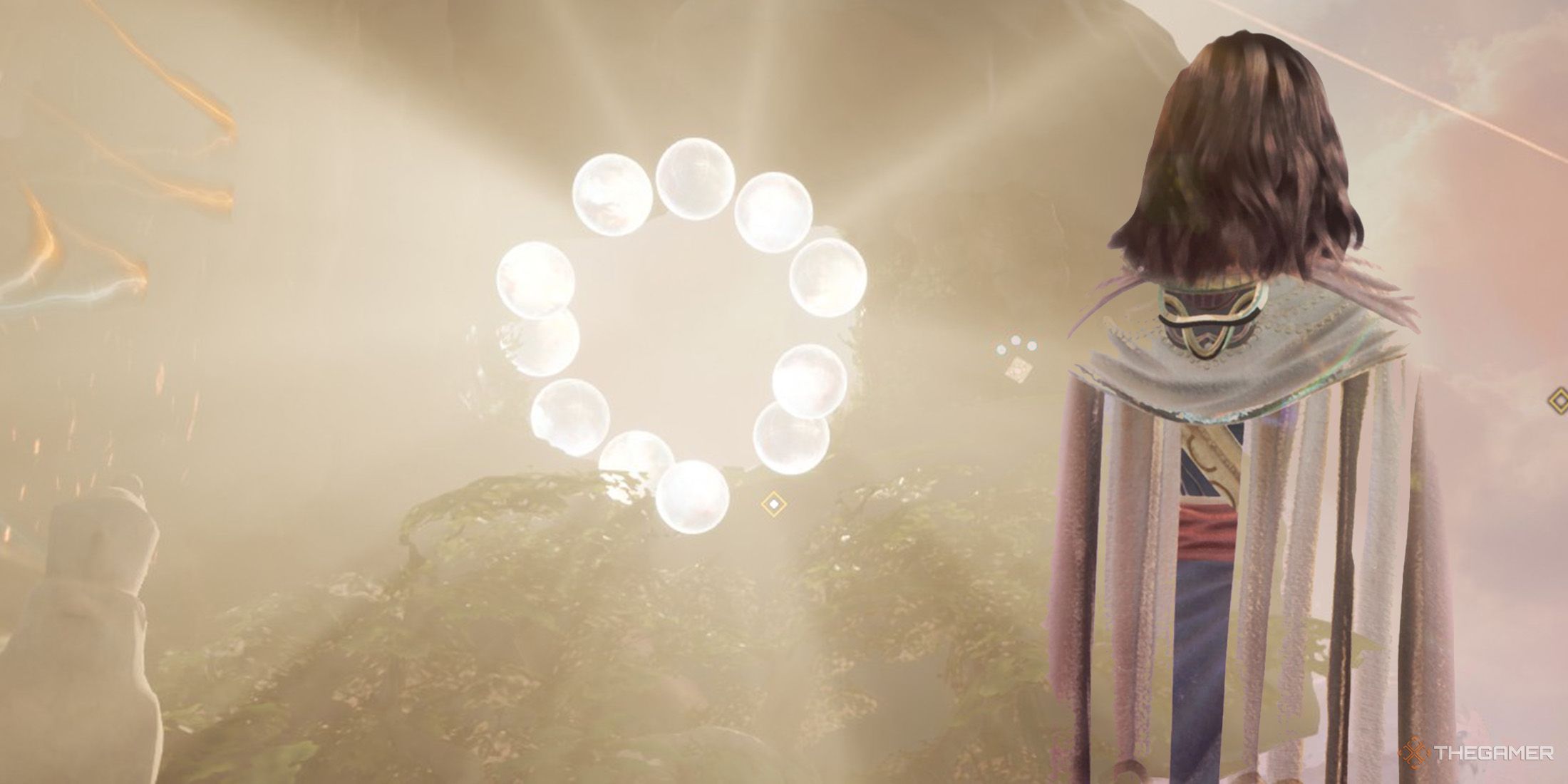 A beam of sunlight shines through the Skydrop orbs, and on the right, there is a Seeker with their back turned in Islands of Insight