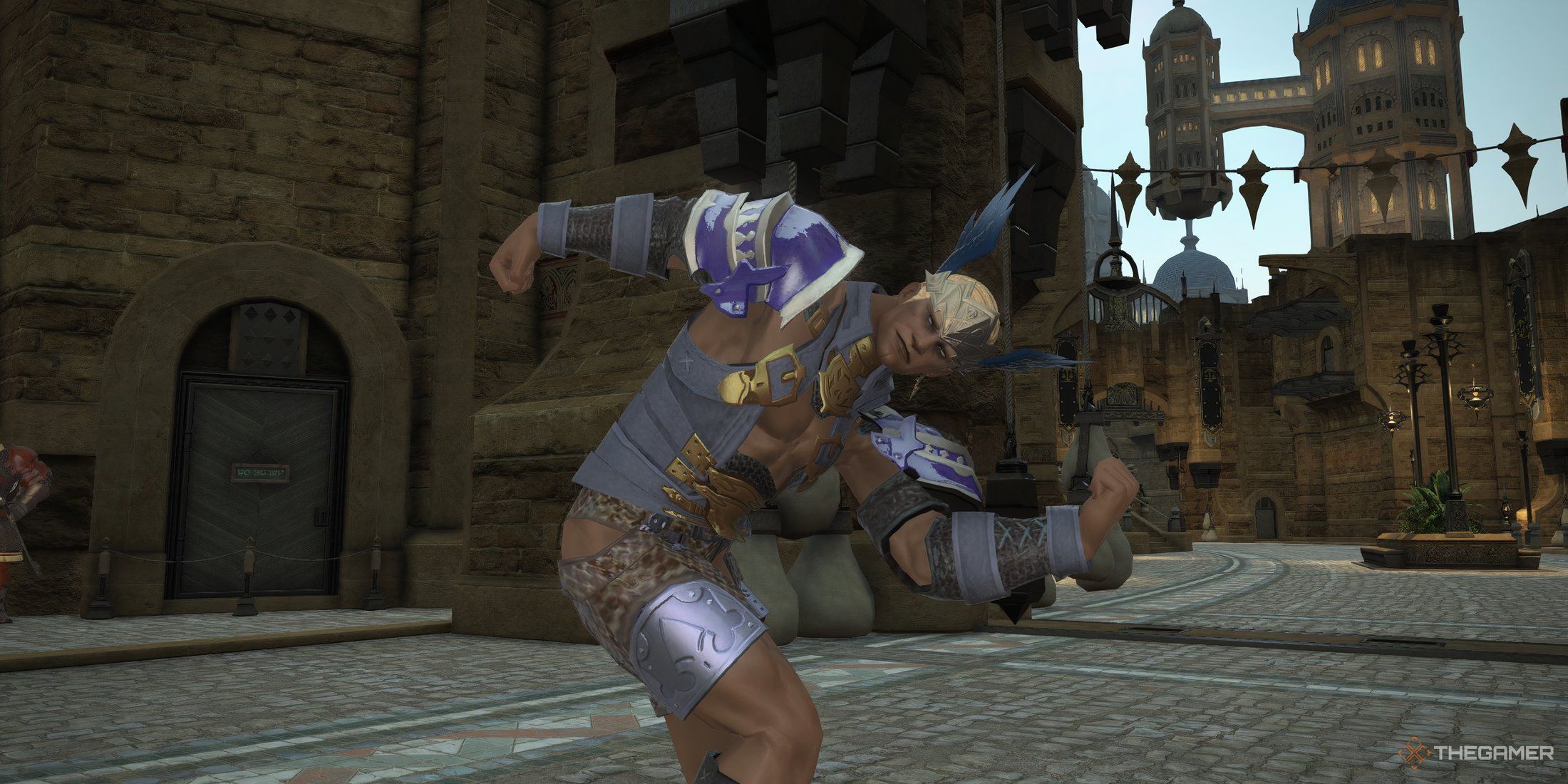 A character doing the Manderville pose in Final Fantasy 14. 