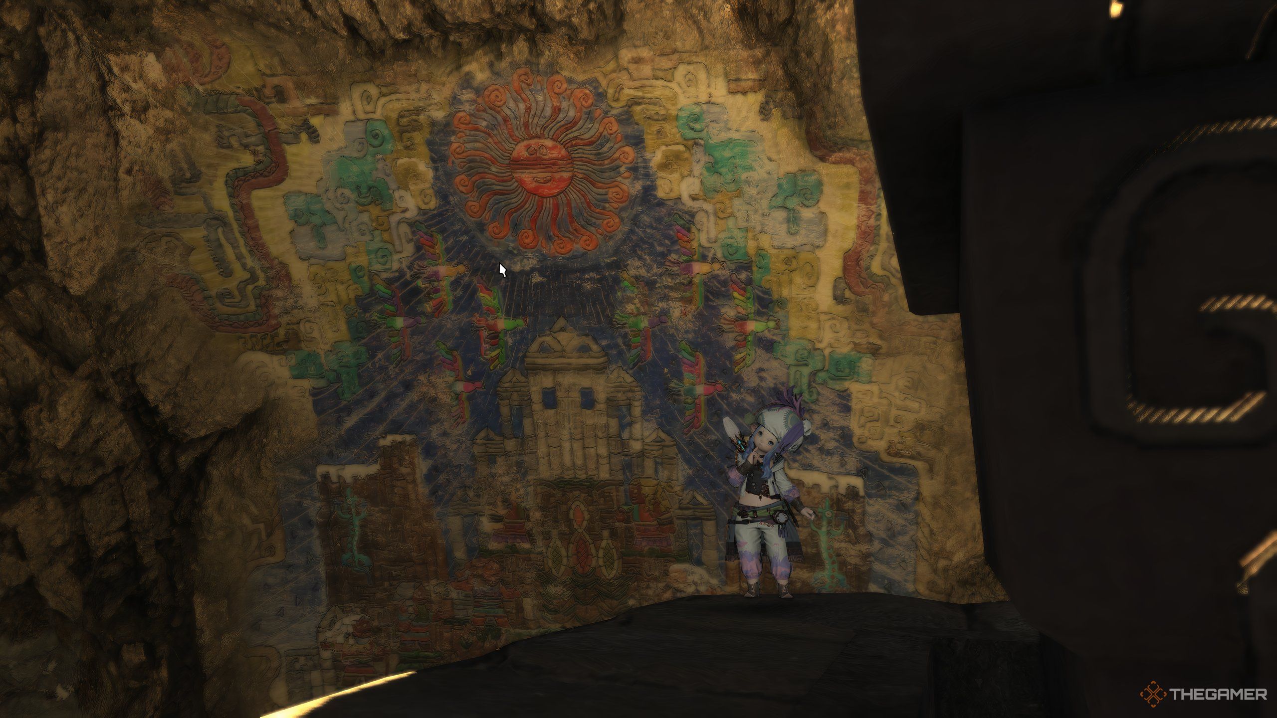 A Lalafell in front of a cave painting in Urqipacha in Dawntrail in Final Fantasy 14.