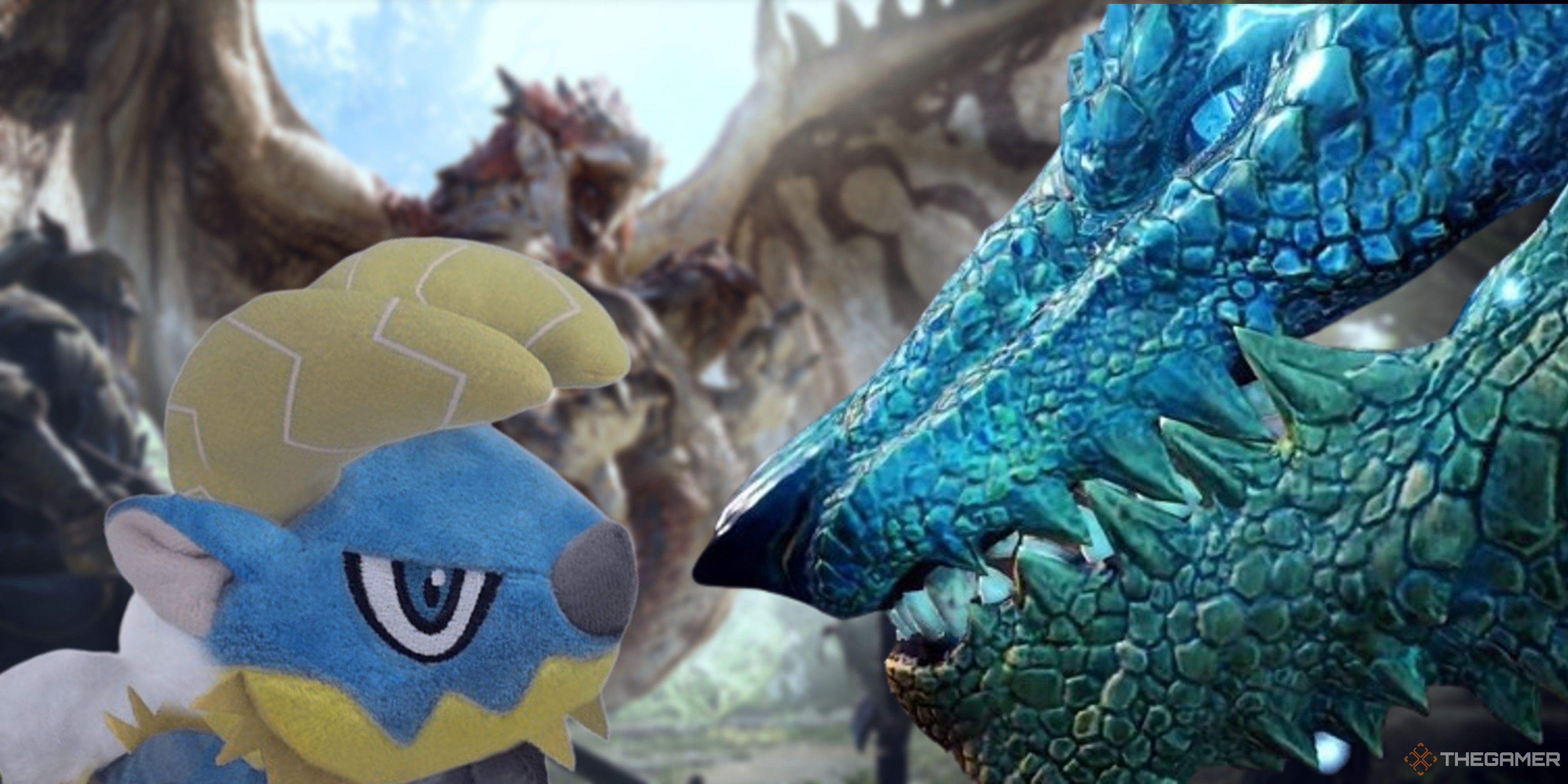 a monster hunter zinogre plush nose to nose with an in-game zinogre
