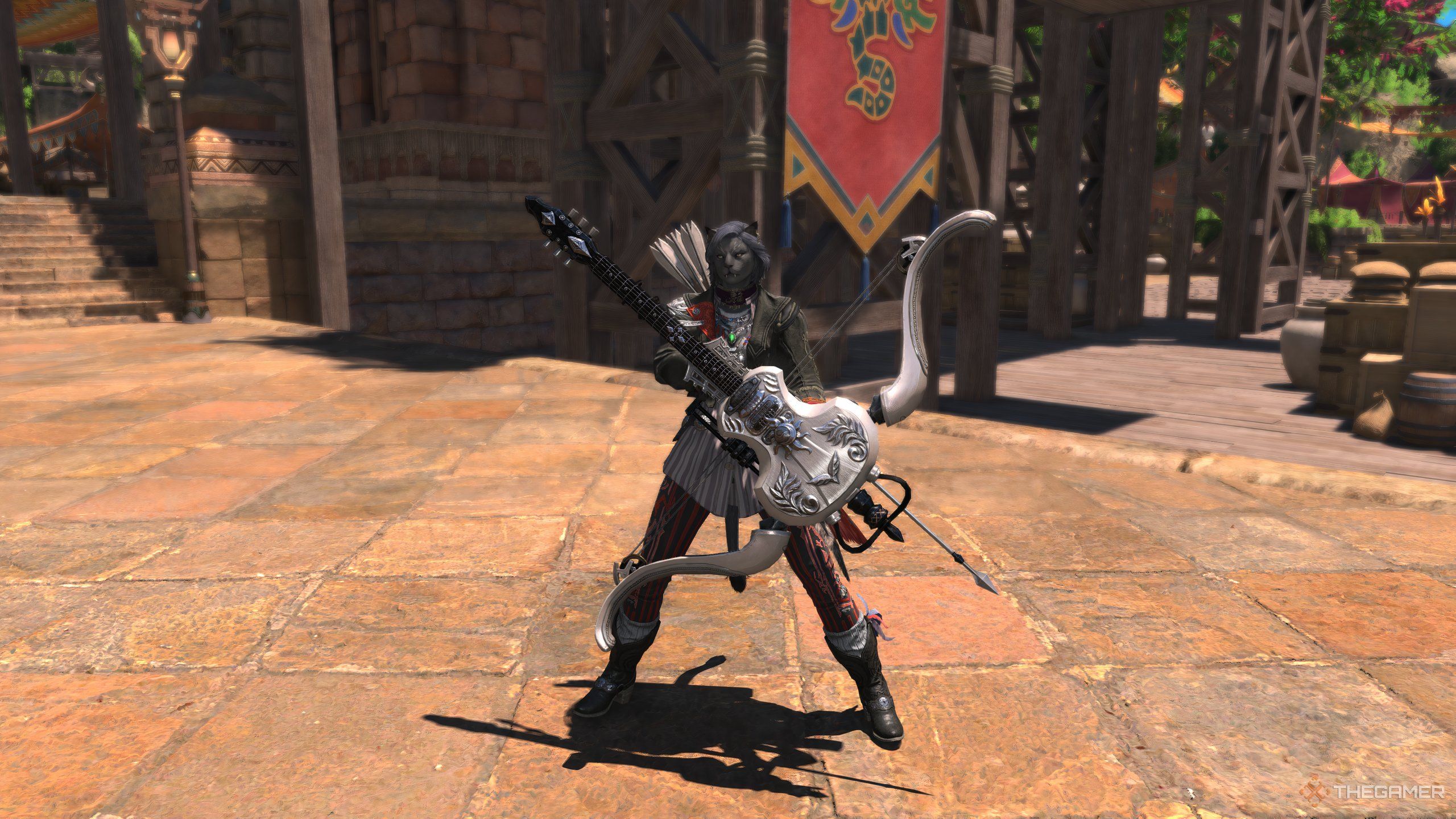 A player holding the guitar bow in Final Fantasy 14.