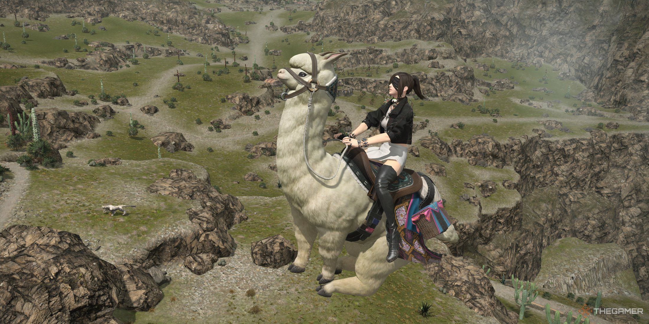 A player riding an Alpaca mount in Final Fantasy 14 Dawntrail.