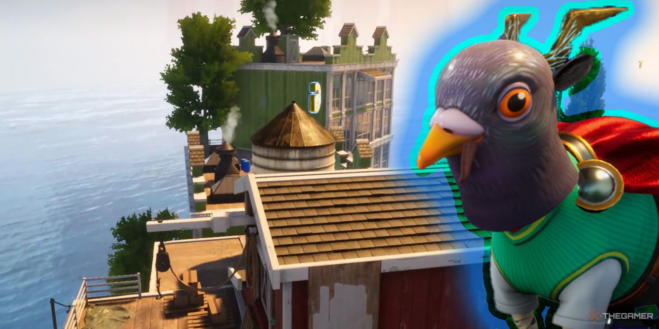 A rooftop view with Pilgor wearing a pigeon mask on the right in Goat Simulator 3 Multiverse of a Nonsense.