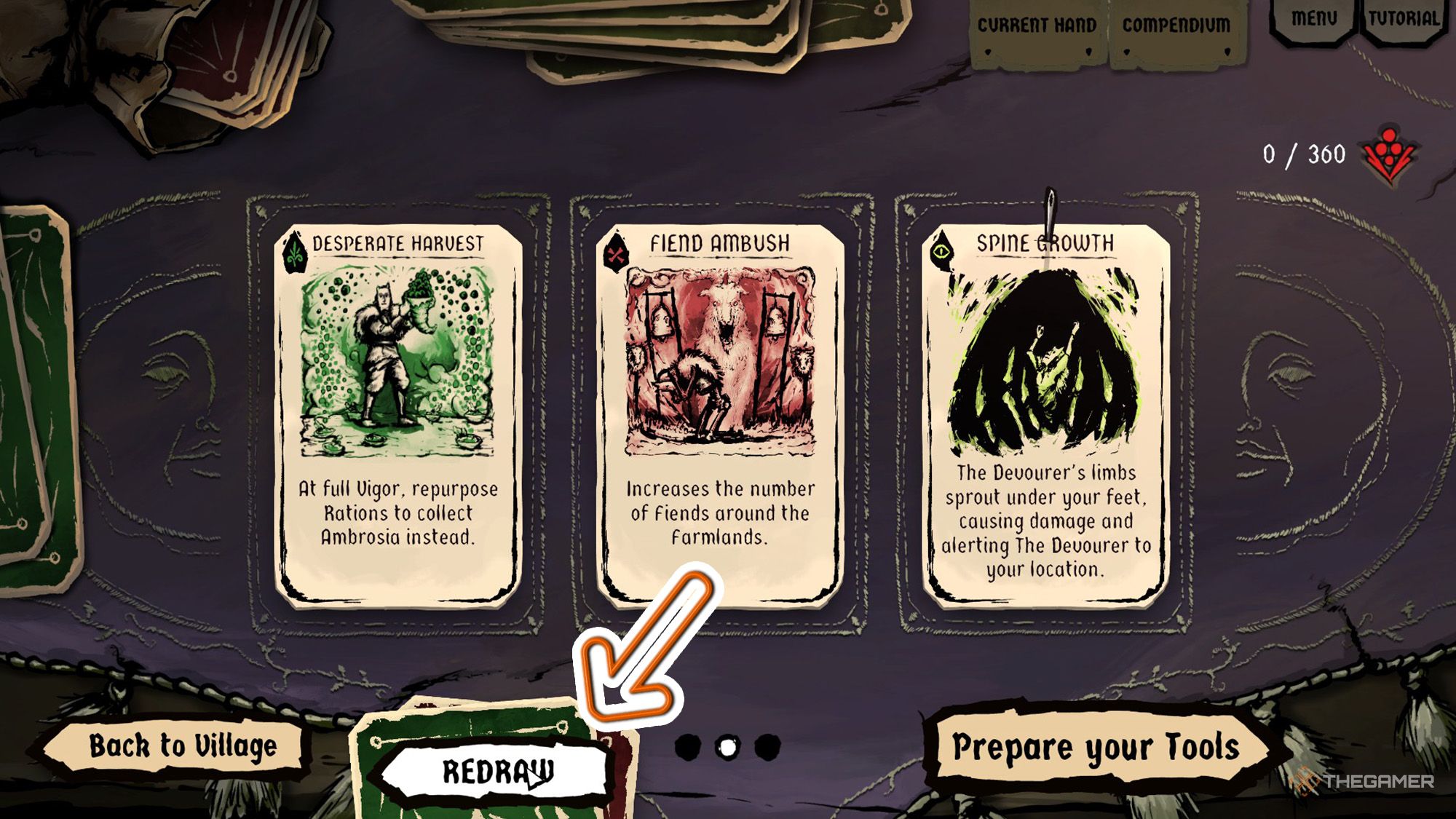 An arrow is showing the Redraw button during the Whispers phase in Harvest Hunt
