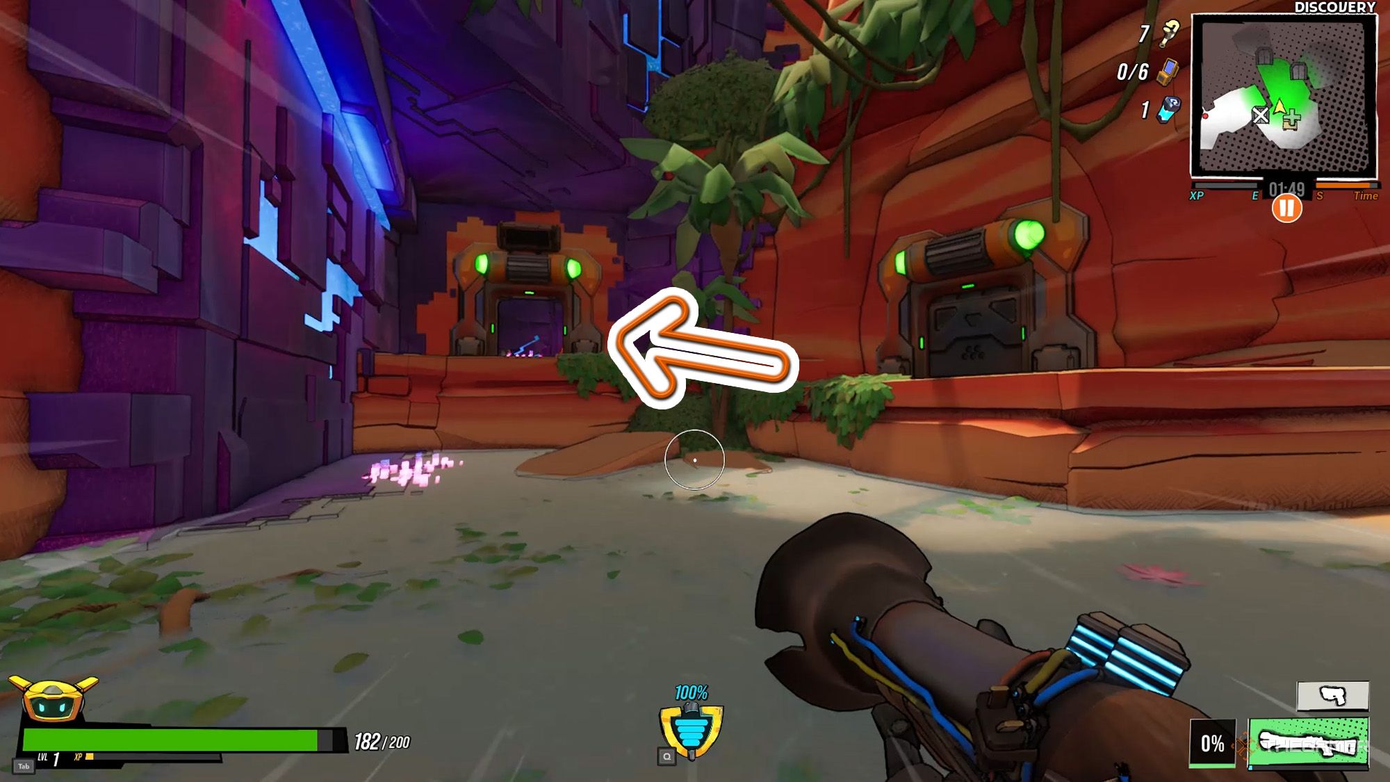 An arrow points to The Rift door in the Oasis in Roboquest