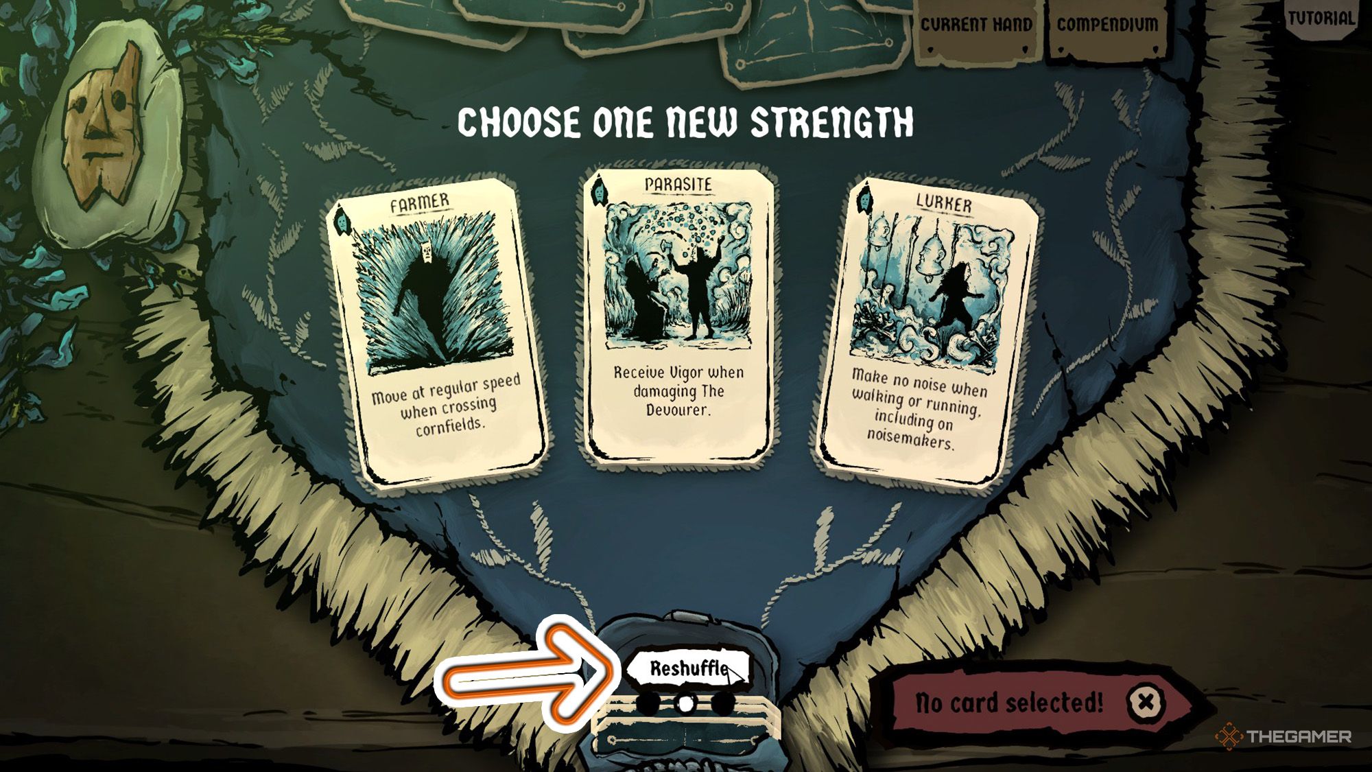 An arrow showing reshuffle button at card selection phase in Harvest Hunt