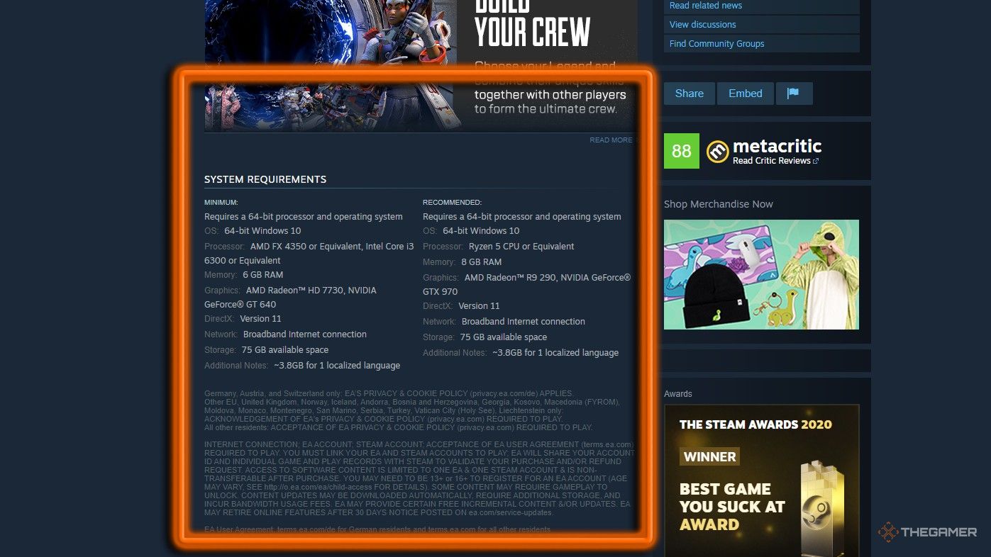 A screenshot of the Steam page for Apex Legends, highlighting the system requirements for the game