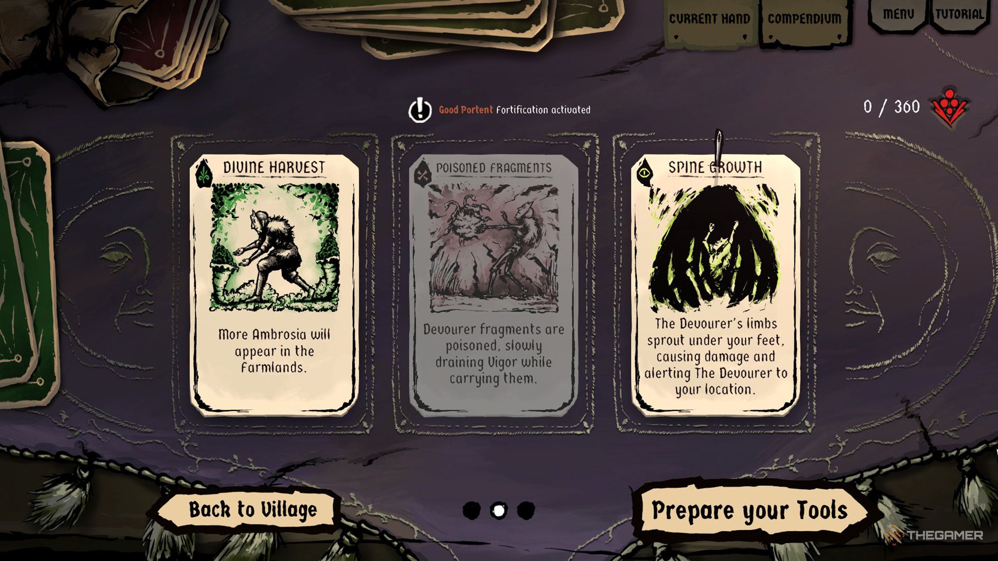 The player is avoiding the Calamity card thanks to Good Portent in Harvest Hunt