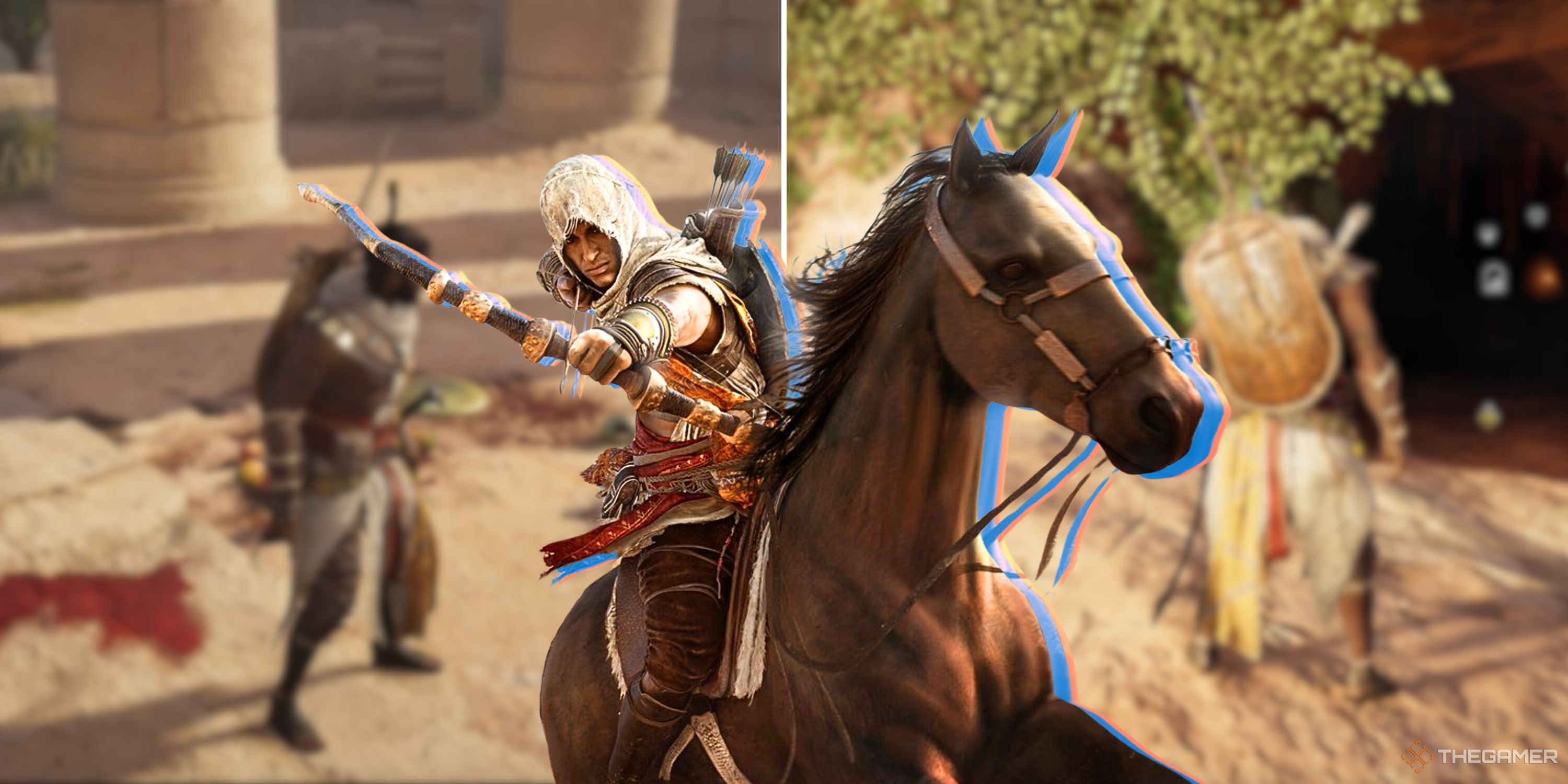 Collage image showing the player interacting with quest locations and a cutout of the main character shooting a bow while riding a horse in Assassin's Creed Origins