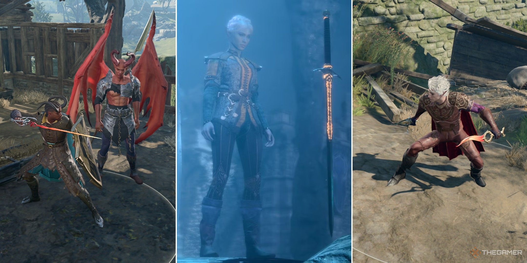 Baldur's Gate 3 collage showing wyll with a cambion, the player finding phalar aluve, and astarion with two daggers