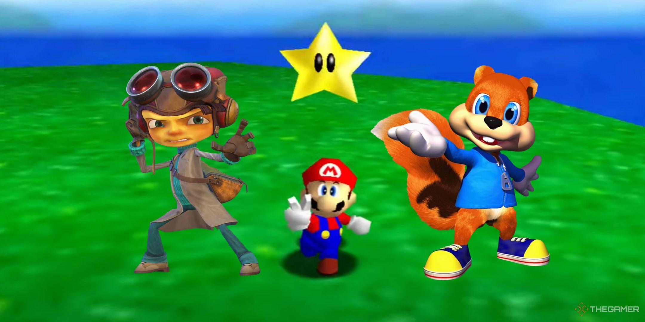 Best 3D Platformers Featured Image Super Mario 64 background with Raz and Conker beside Mario